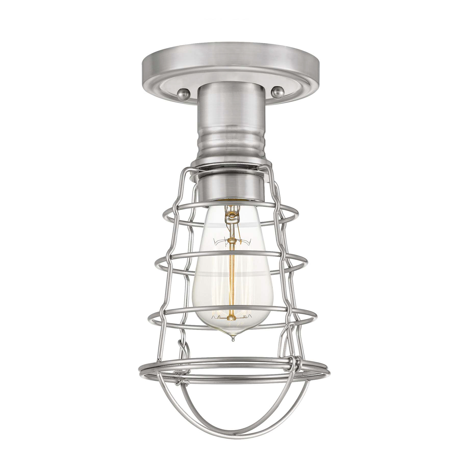 Mite ceiling light with metal cage, brushed nickel