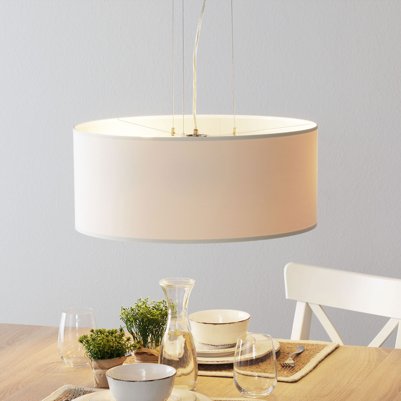 Lucande Patrik fabric hanging light Ø 53 cm cream, for Living / Dining Room, steel, fabric, E27, 60 W, energy efficiency: A++, H: 23 cm