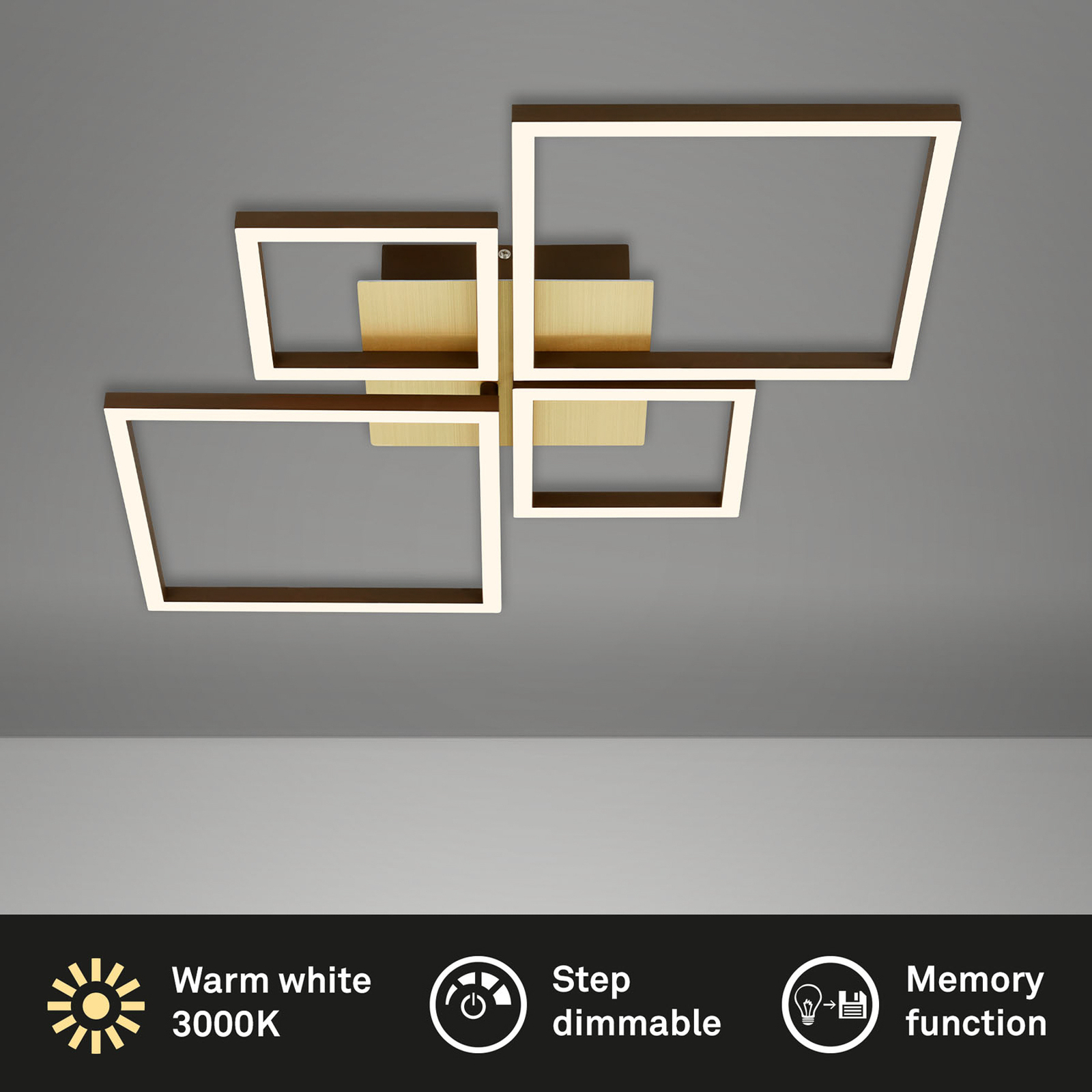 Frame LED ceiling lamp, gold, dimmable, 4-bulb