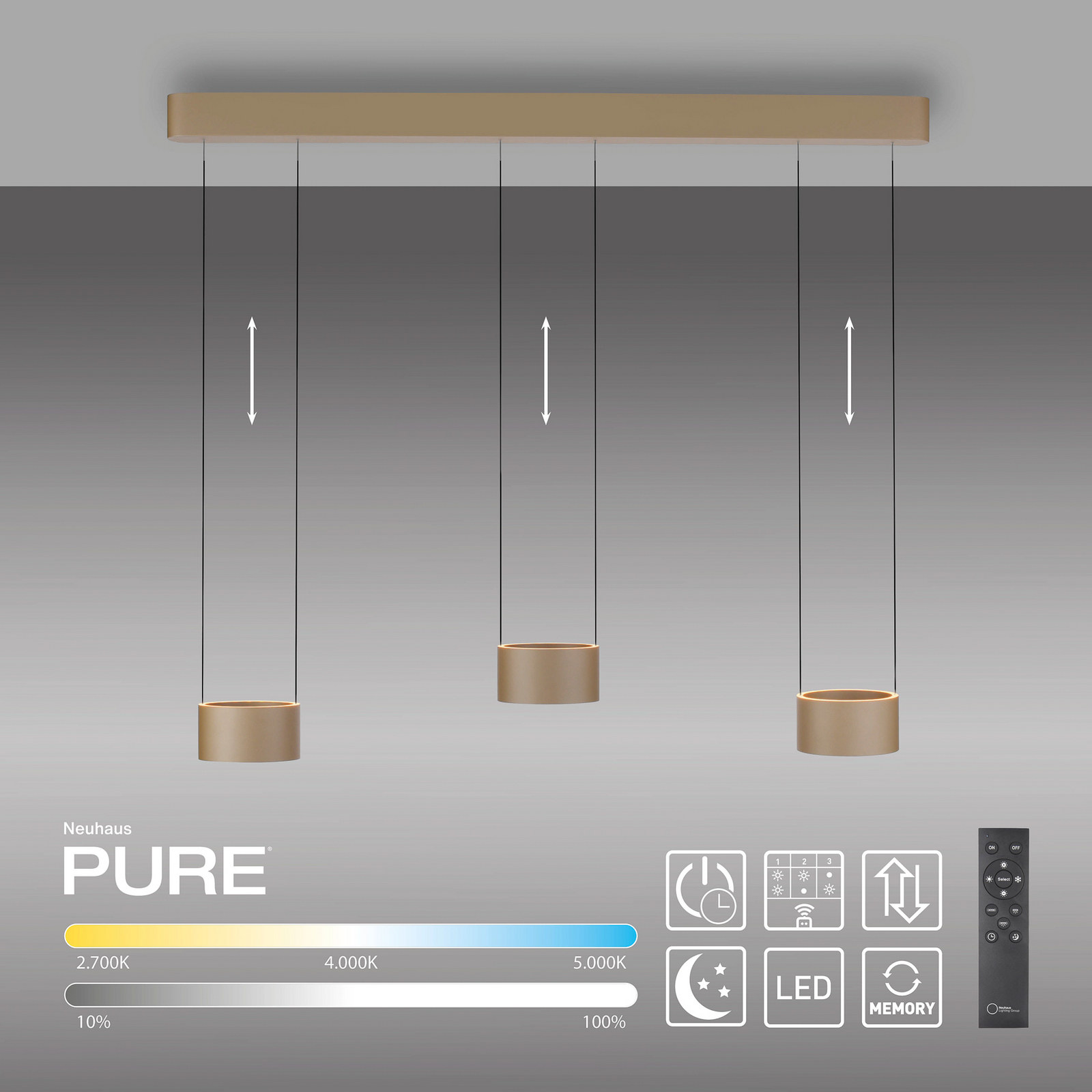 PURE LED-Hängelampe Clipse, bronze, Länge 110 cm, CTT, 6-flg