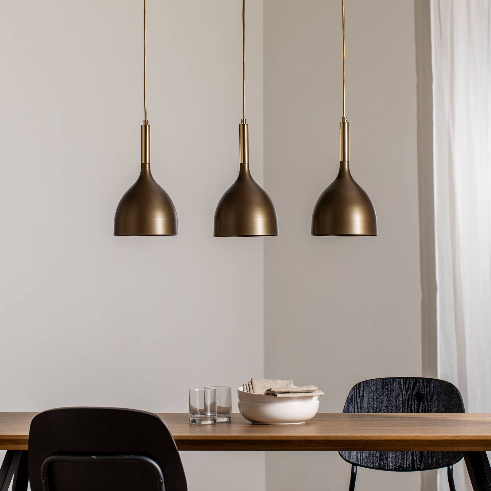 Lampa wisząca Noak 3-punktowa, długa, tytanowo-złoty/złoty, stal