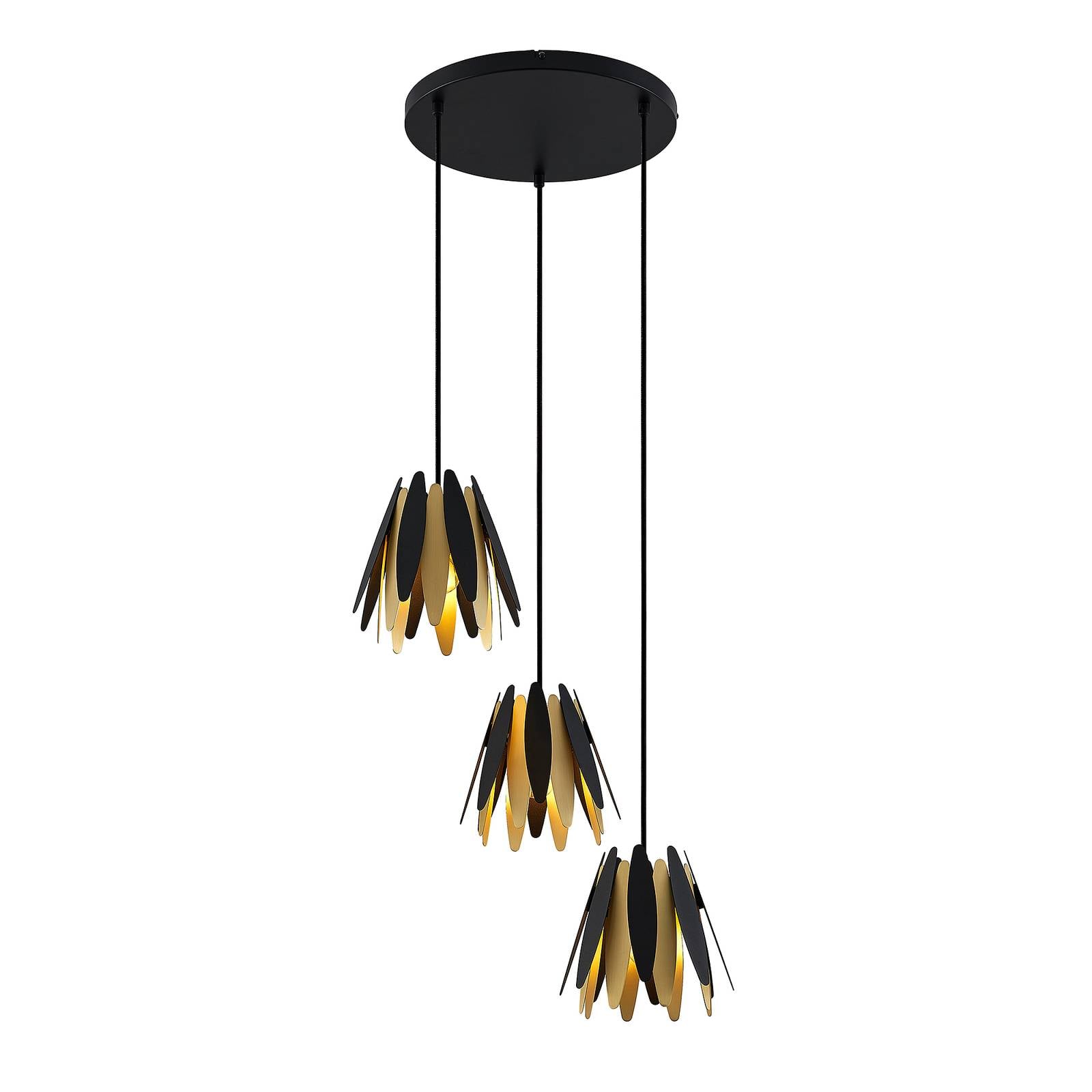 Lucande Lounit hanging lamp, black/gold, 3-bulb, for Living / Dining Room, metal, plastic, E14, 40 W
