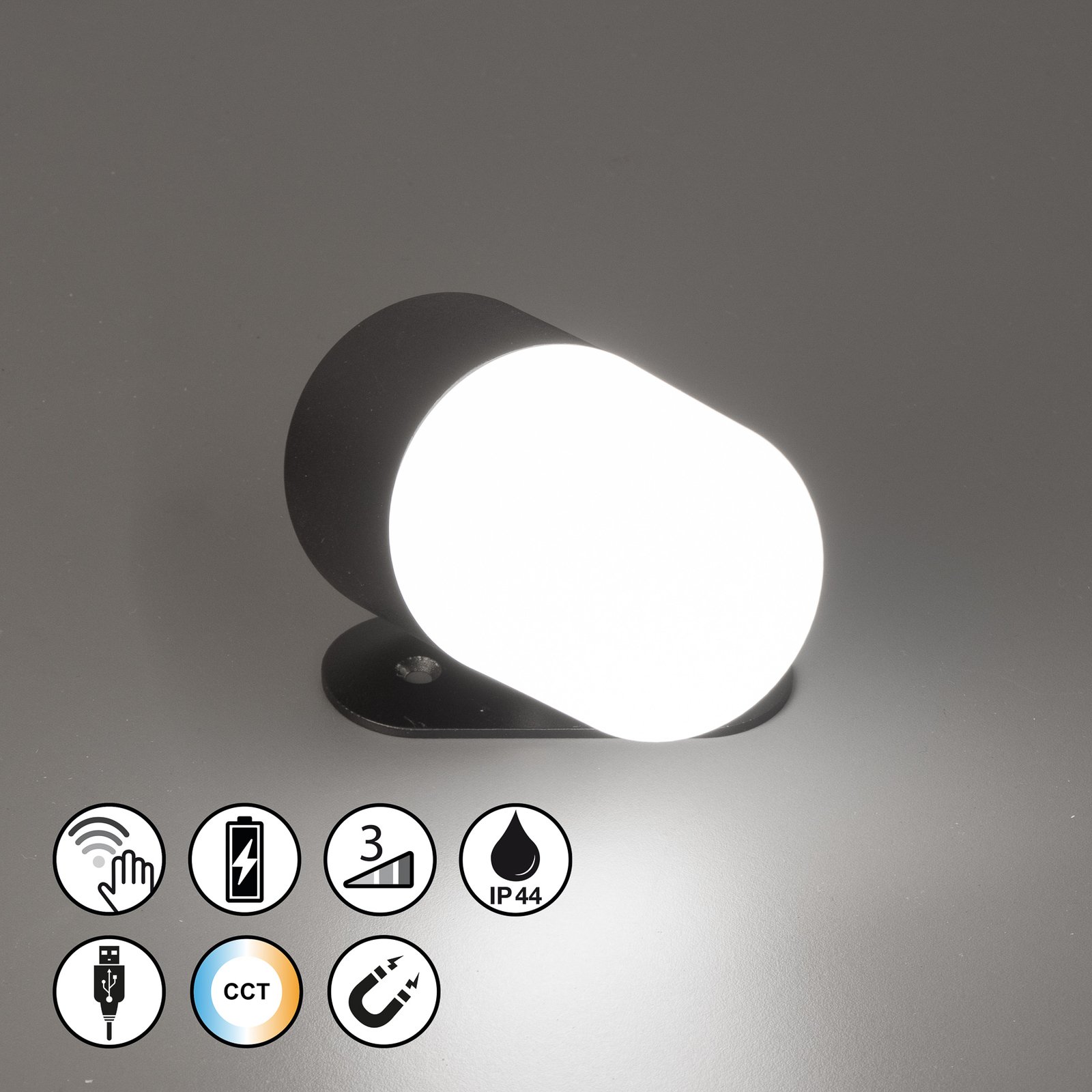 LED rechargeable wall spot Magnetics, black/white, dimmable, CCT, IP44