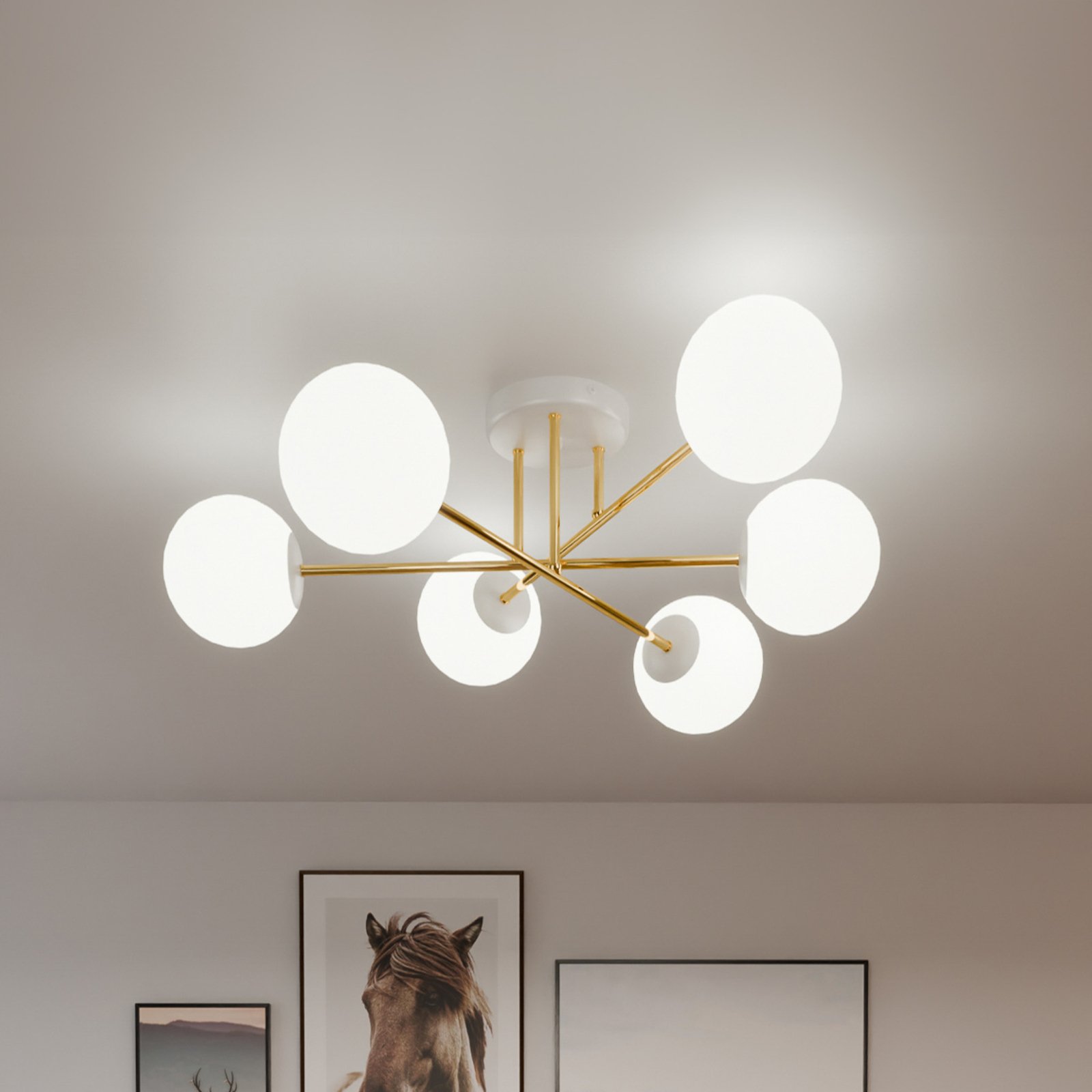 Glassy ceiling light, 6-bulb, white/gold/opal
