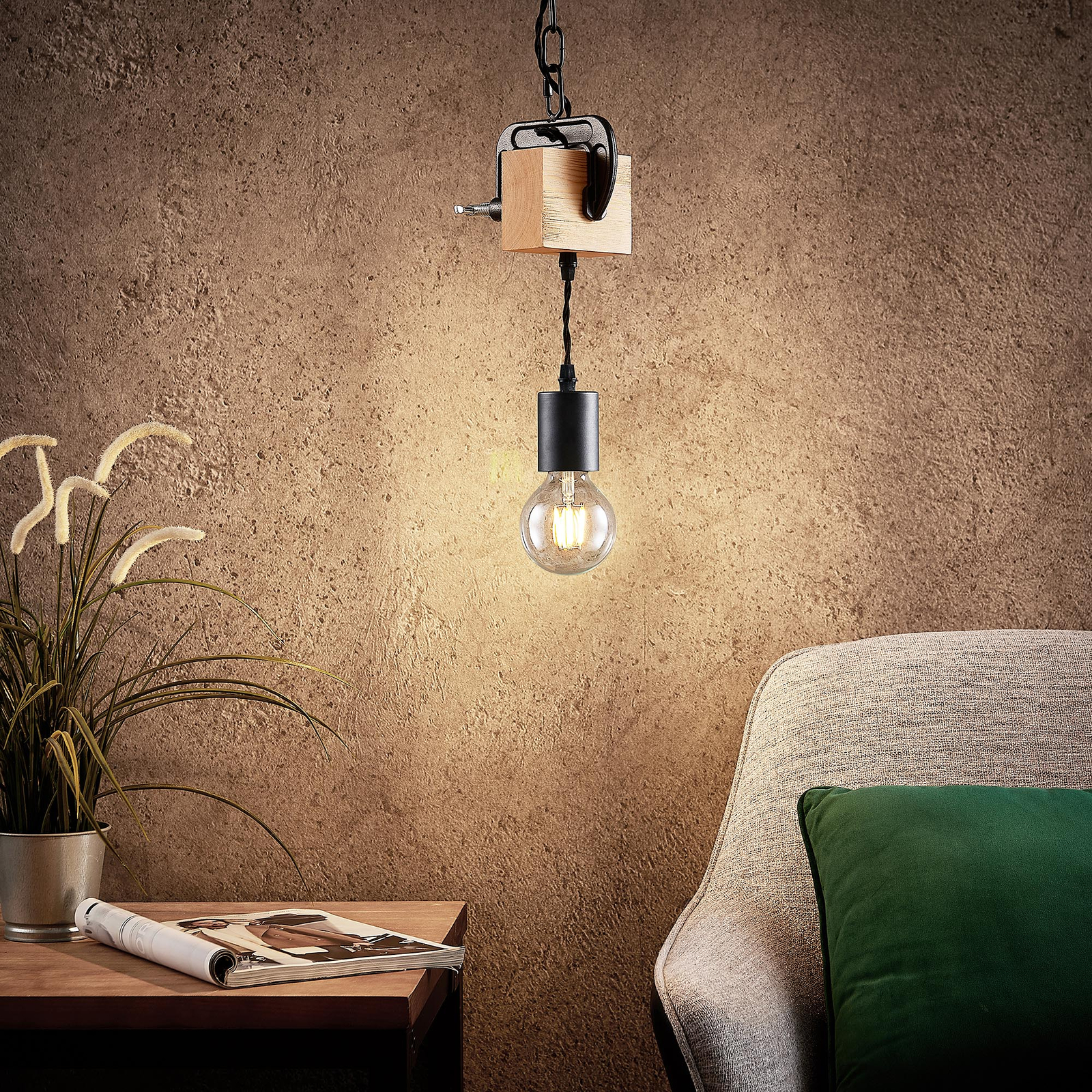 Lindby Asya hanglamp, 1-lamp, hout, zwart