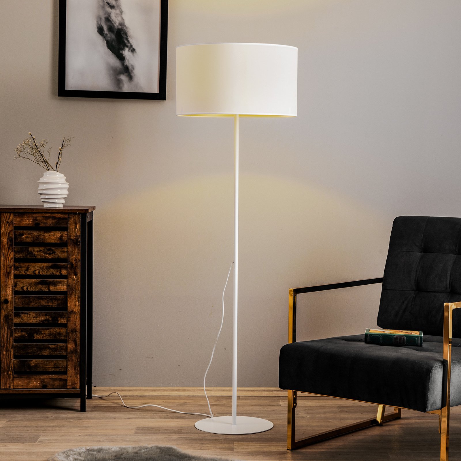 Stojací lampa Roller, bílá/zlatá, výška 145 cm