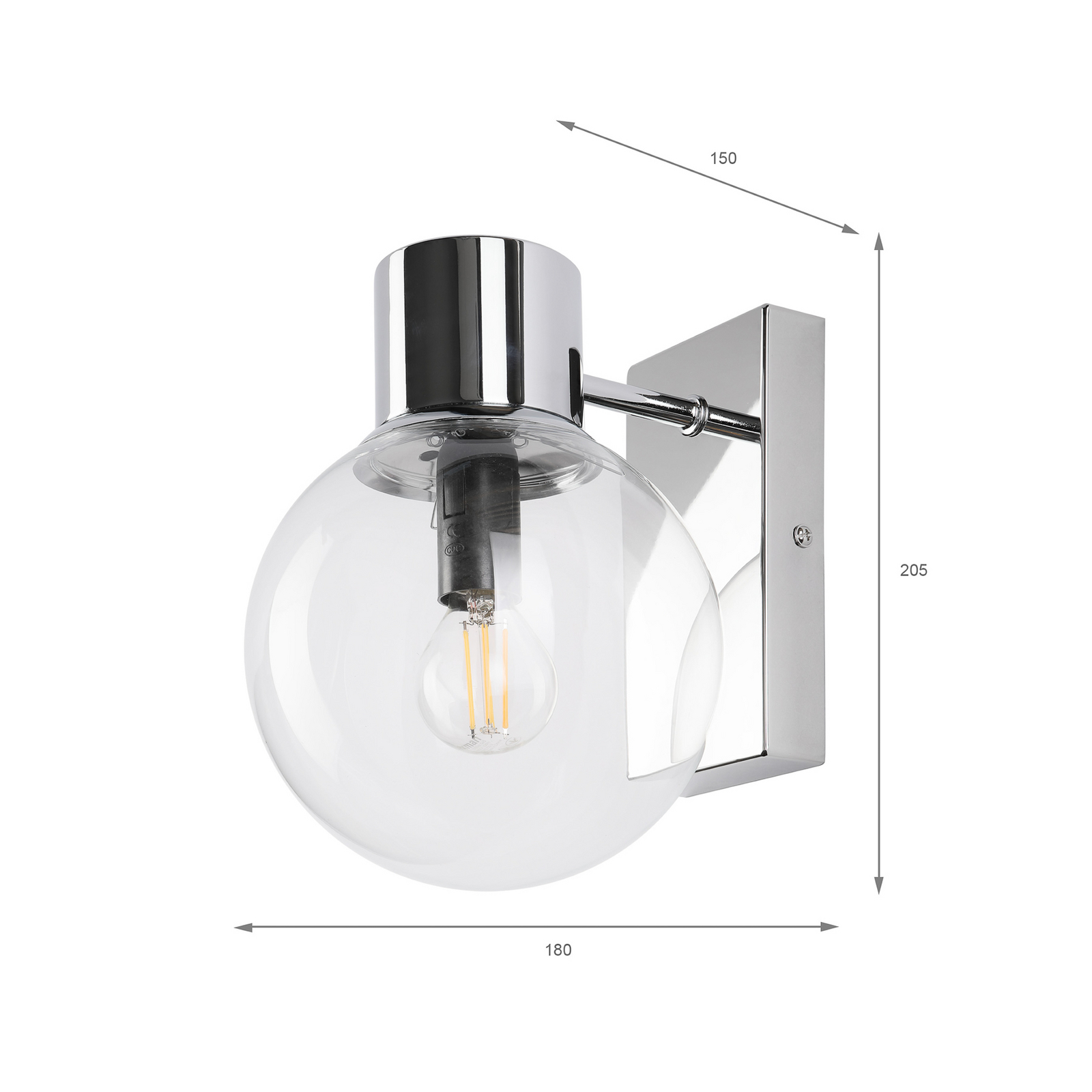Sienas lampa Sferio, hroms/caurspīdīga, stikls, augstums 21 cm, E14 Sienas lampa Sferio, hroms/caurspīdīga, stikls, augstums 21 cm, E14