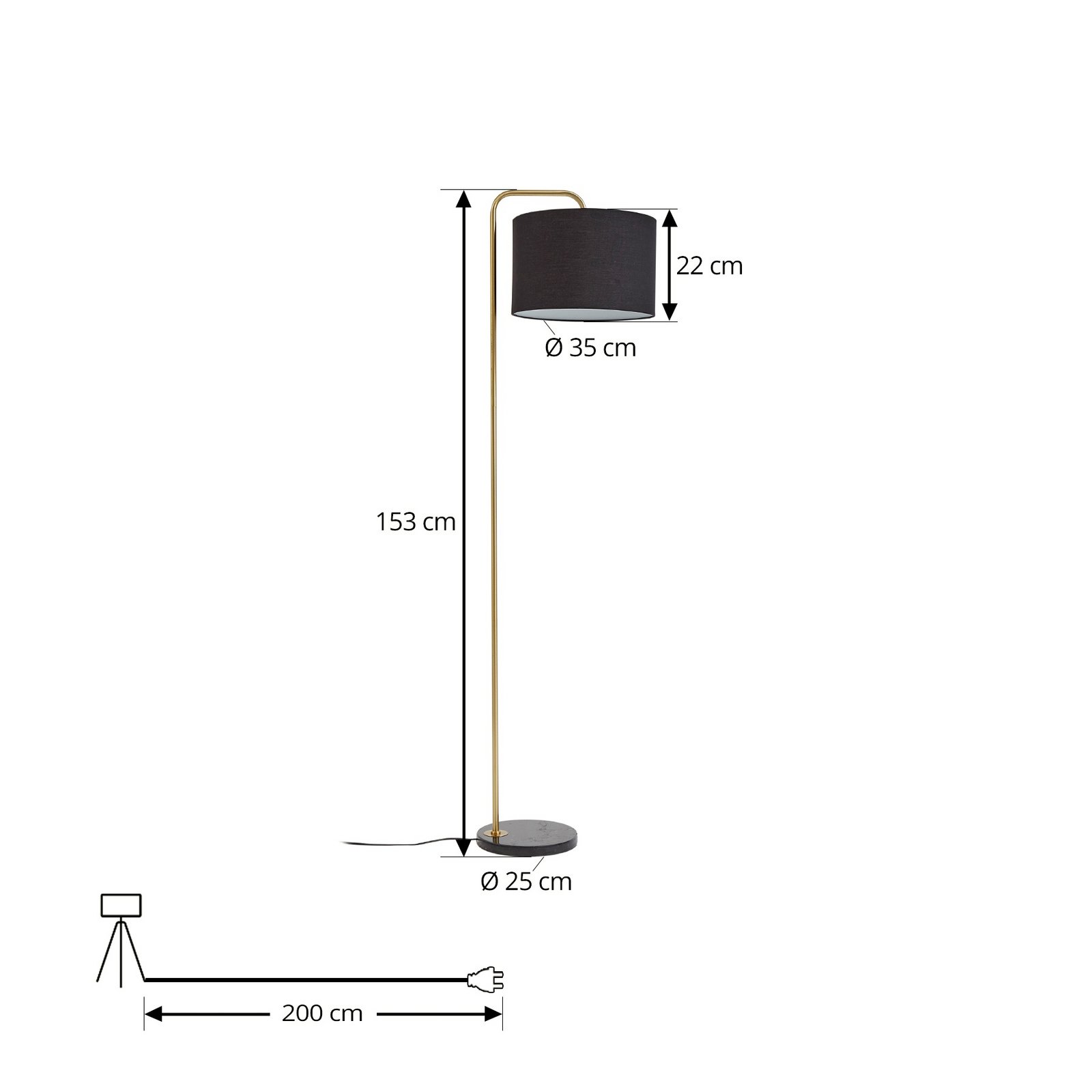 Lindby stāvlampa Hillary, melna/zelta, marmors, 153cm