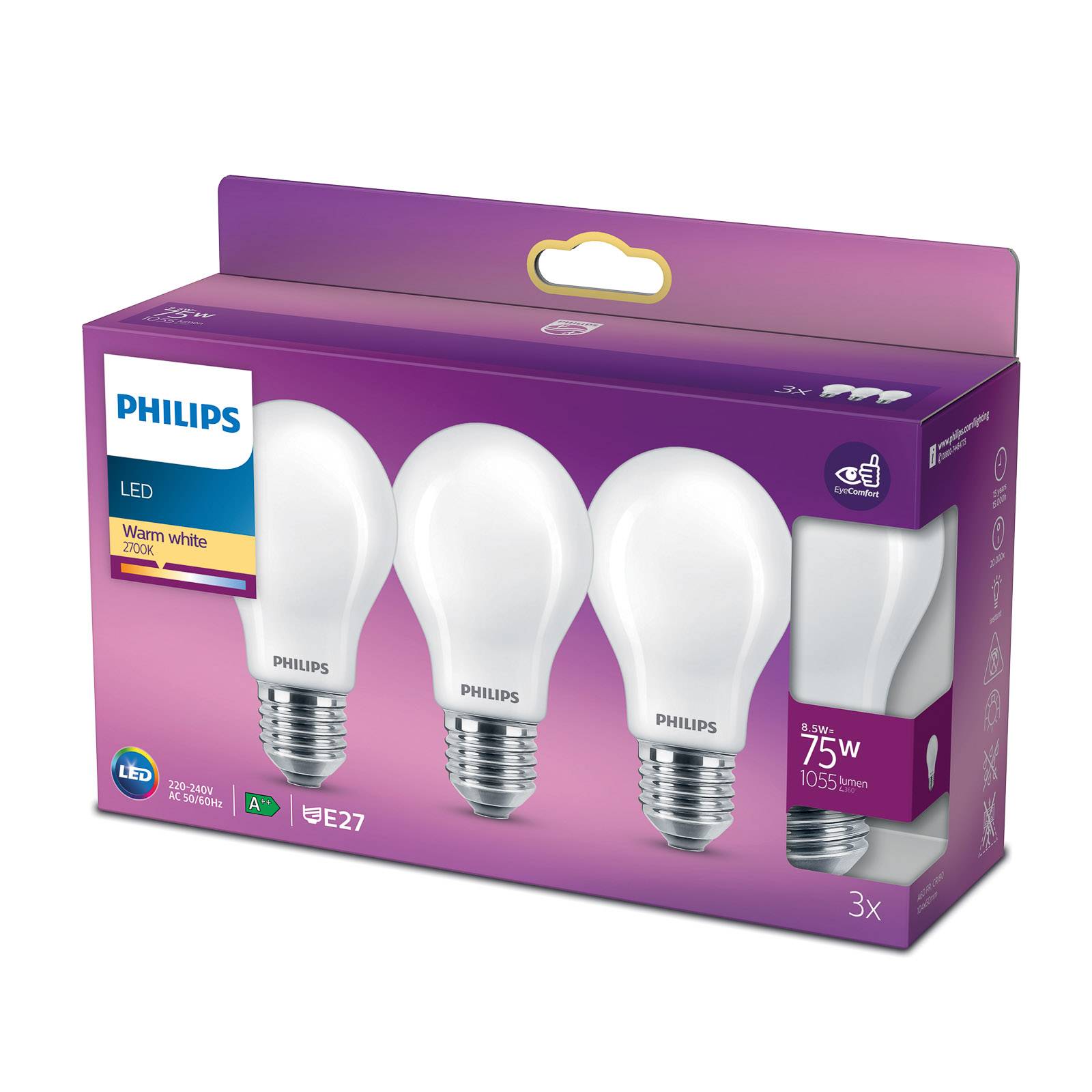 Philips Classic LED bulb E27 A60 8.5W 2700K 3-pack