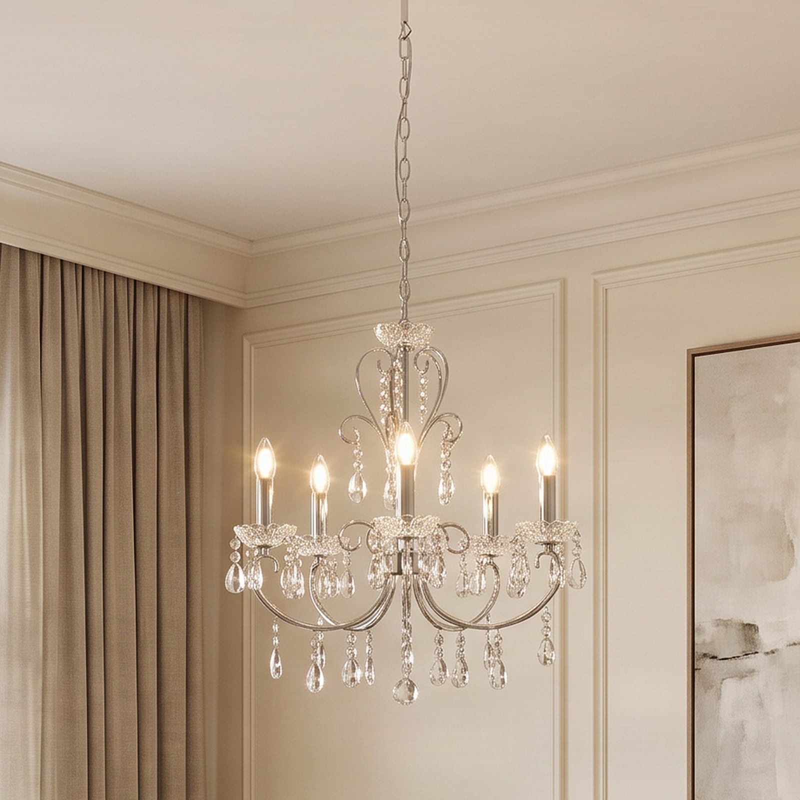 Lucande Lustre Solveig, Ø 60 cm, 5 lampes, chrome