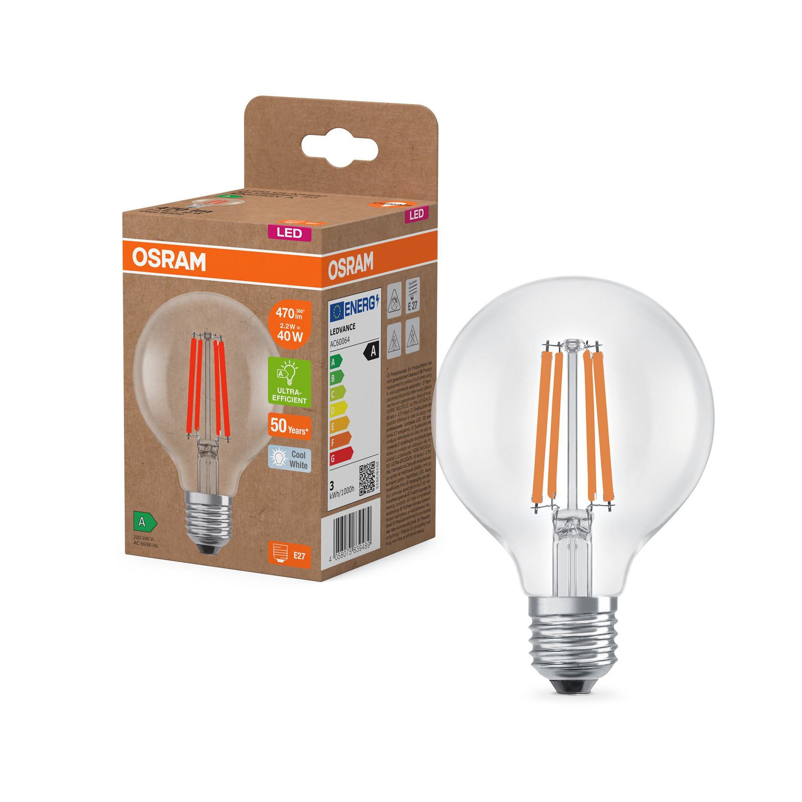 OSRAM ampoule LED à filament Globe G80 E27 2,2W 4.000K