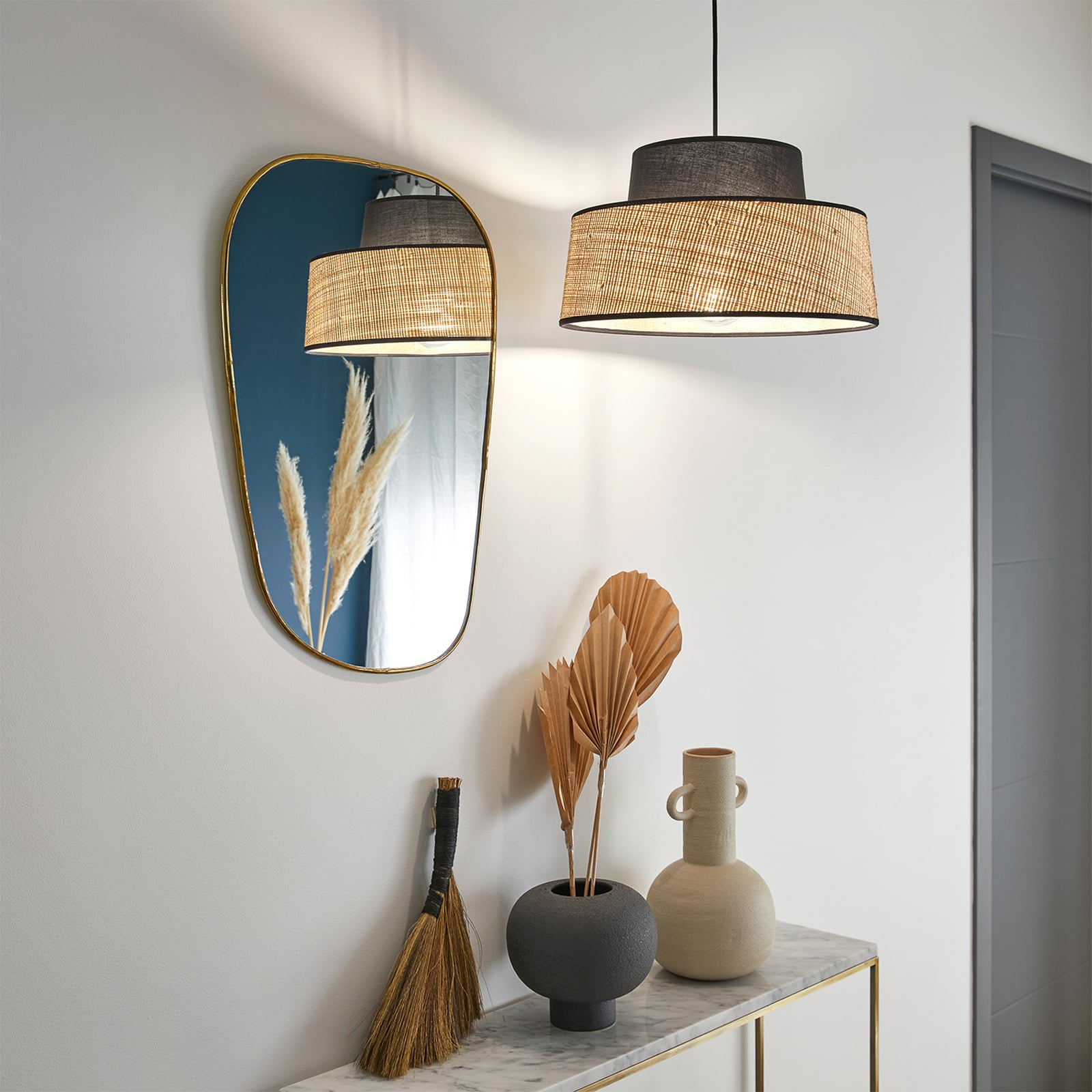 Żyrandol Mallorca, czarna/naturalna, średnica 38 cm, tkanina/liana