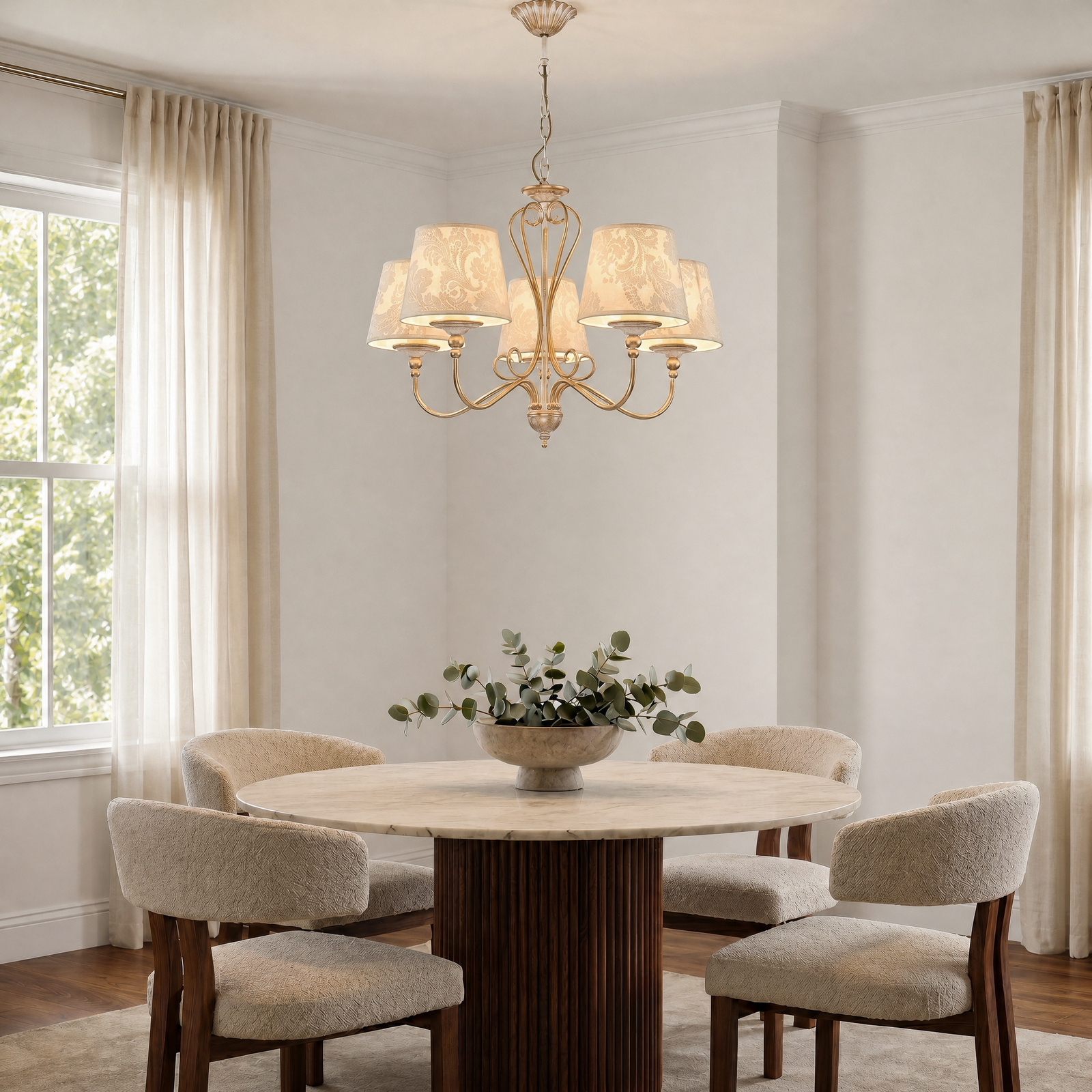 Kroonluchter Sofia Ecrie beige/goud 5-lamps textiel staal E27 Kroonluchter Sofia Ecrie beige/goud 5-lamps textiel staal E27