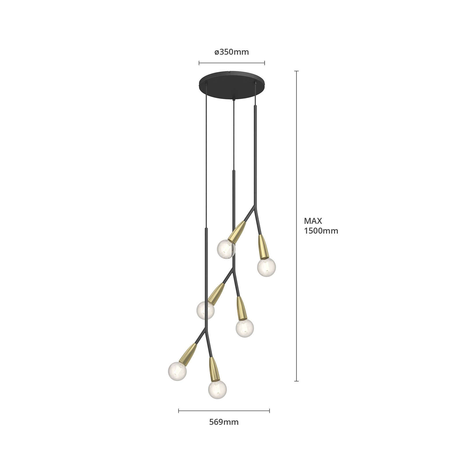 Lucande Carlea suspension, 6 lampes, noir-laiton