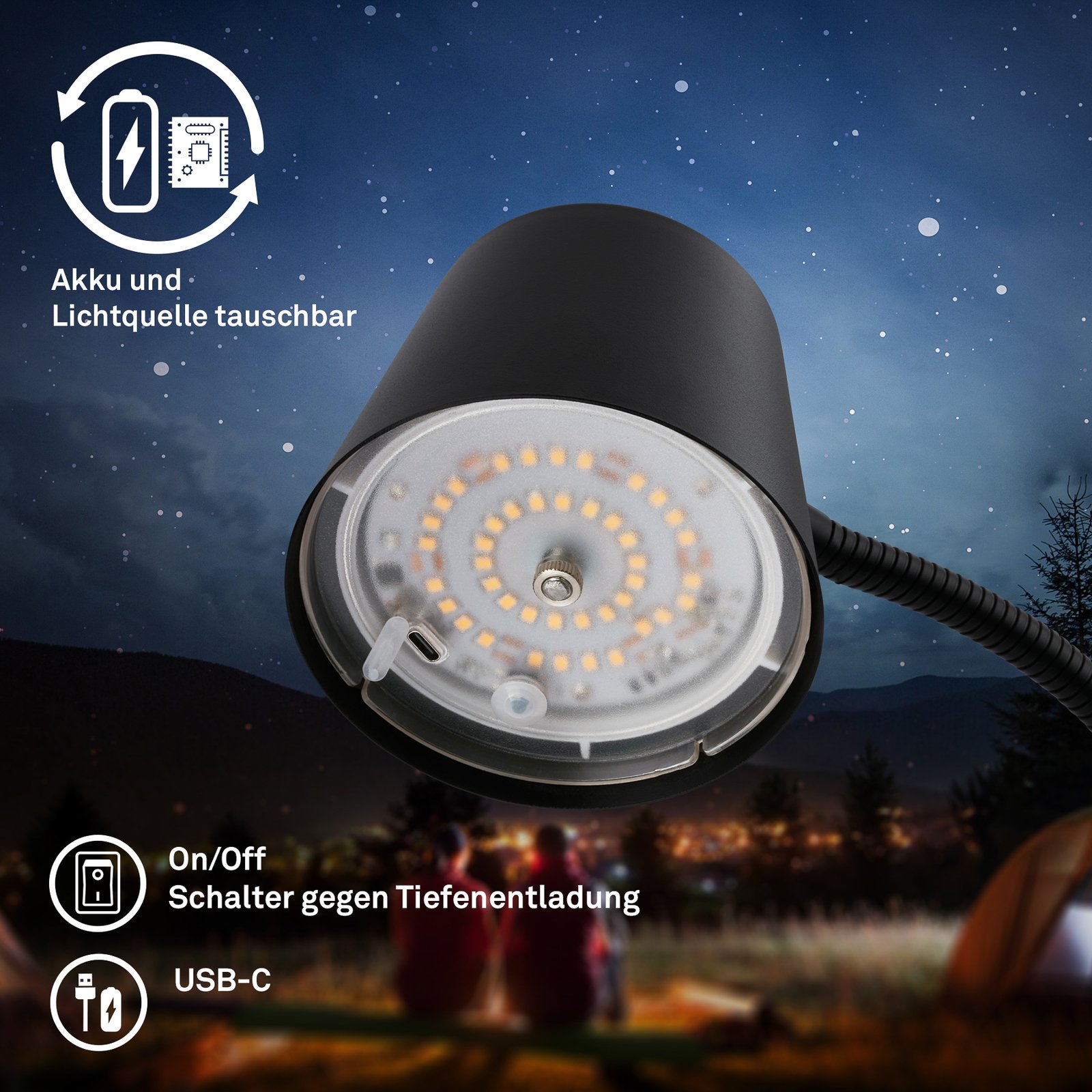 Cielo LED uzlādējama stāvlampa, melna, skārienjutīgais reostats, USB