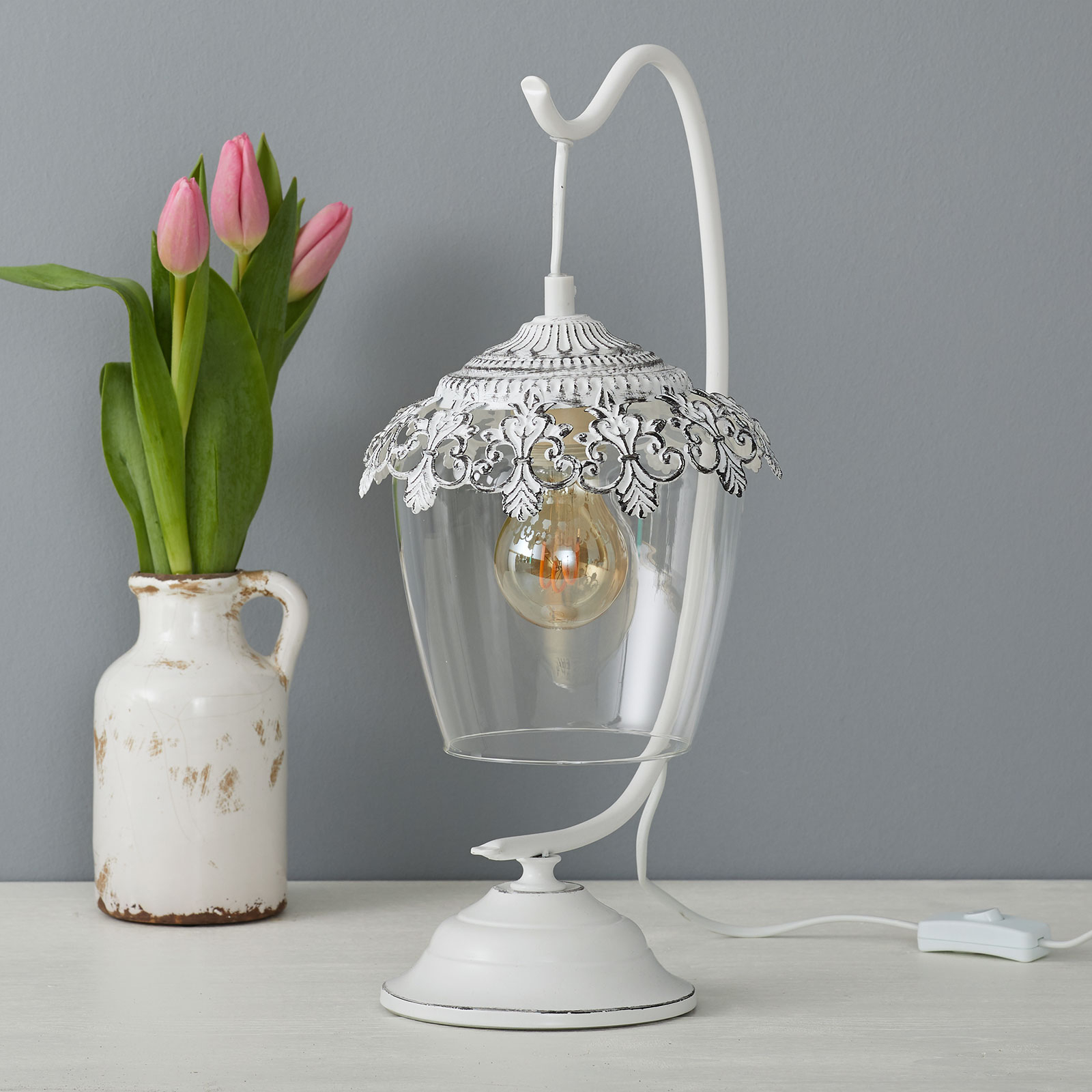 EGLO Florinia Table Light Patinated White, for Living / Dining Room, Steel, glass, E27, 60 W, energy efficiency: A++, H: 29 cm