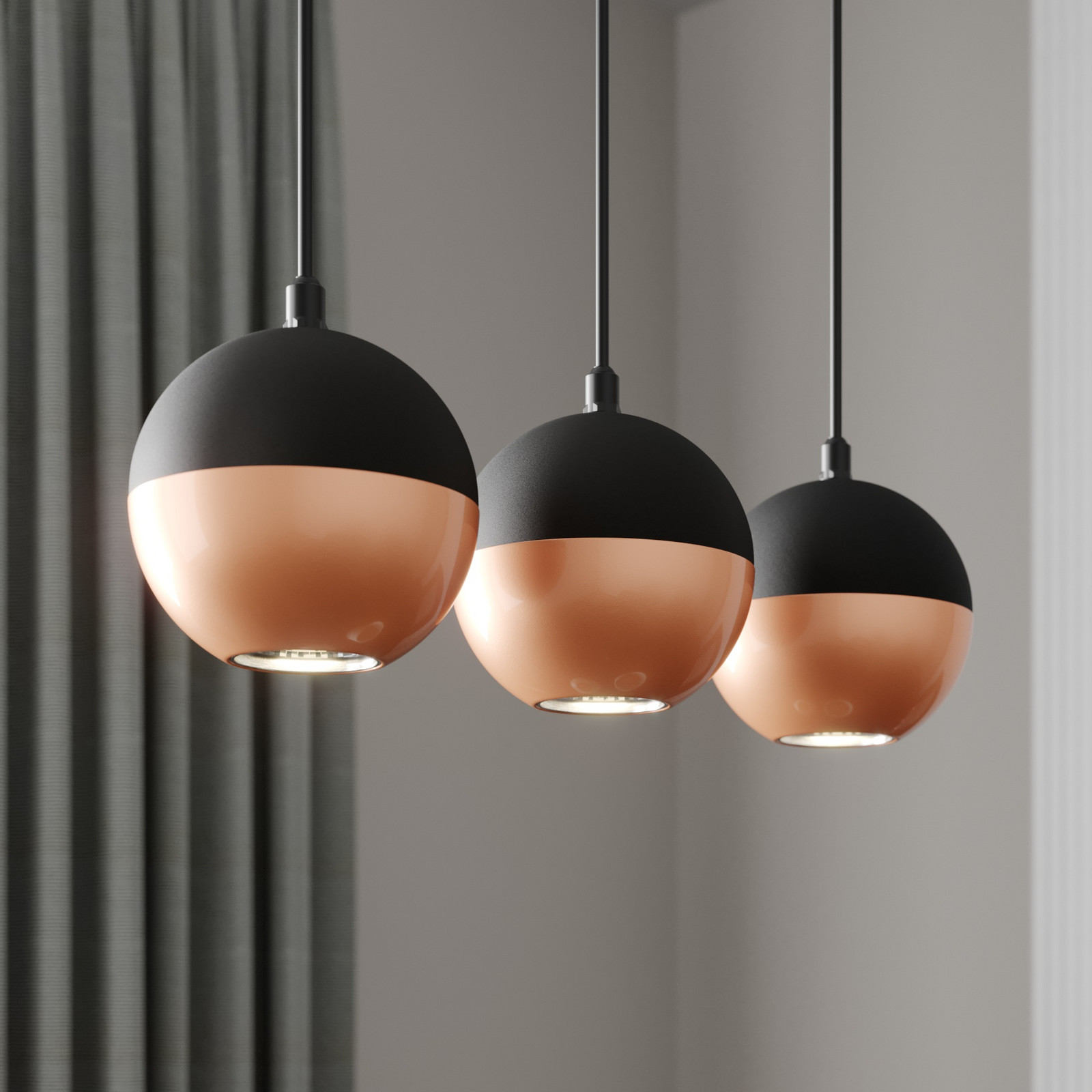 HELAM Lampă suspendată Midnight în negru/cupru 3flg. lungă - Camera de zi / sufragerie - Modern - negru cupru - Metal