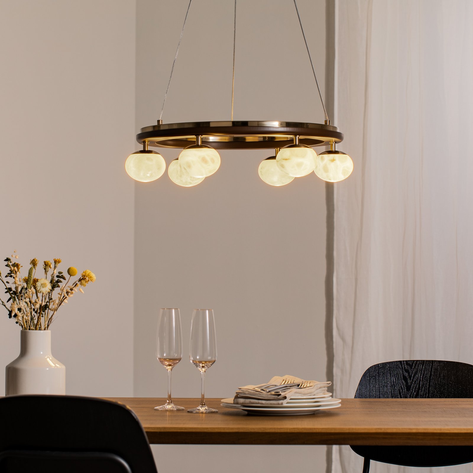 Suspension Tolosa, Ø 52 cm, laiton, à 6 lampes, verre, bois