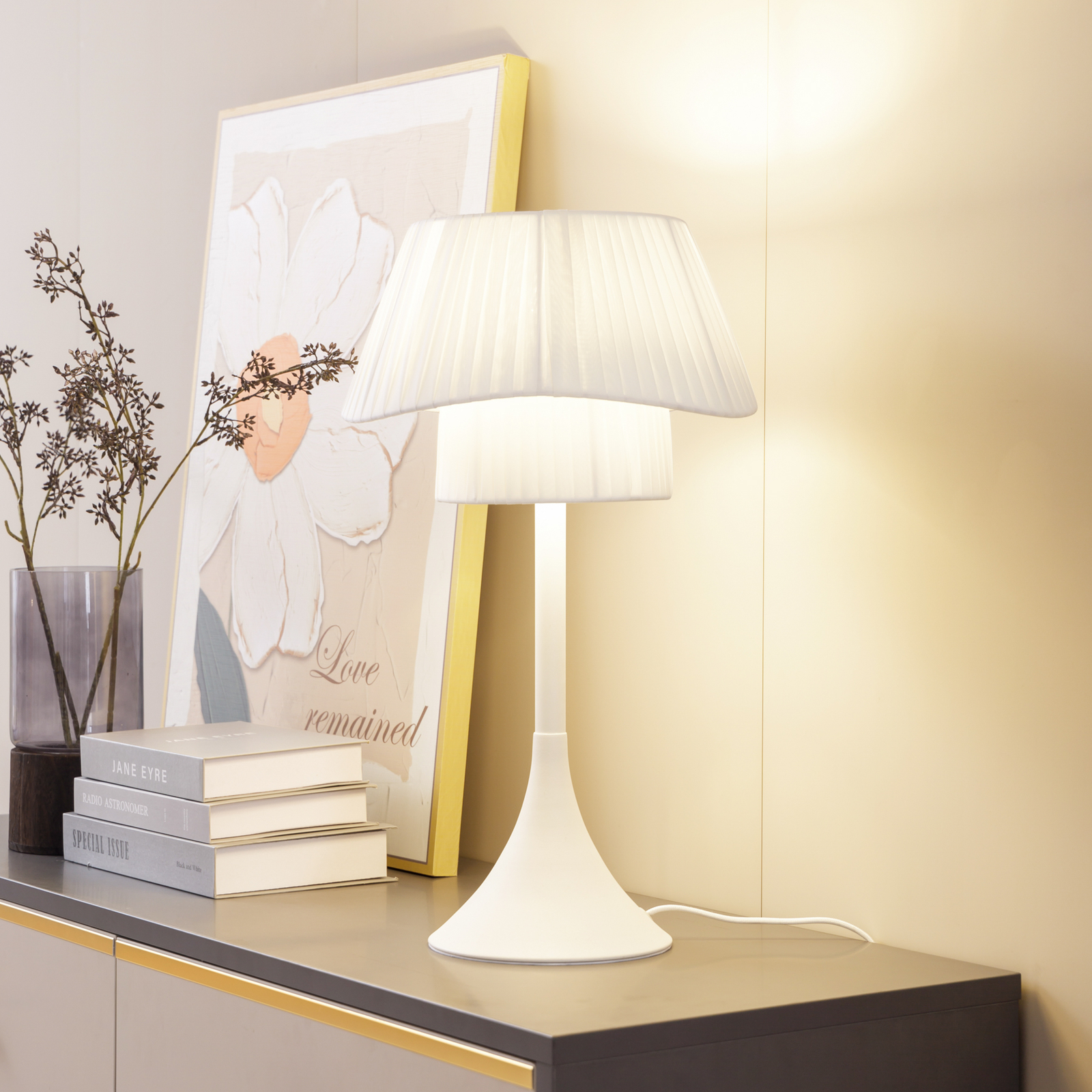 Lampa stołowa Lindby Eryndor, biała, tekstylna, Ø 30 cm, E27