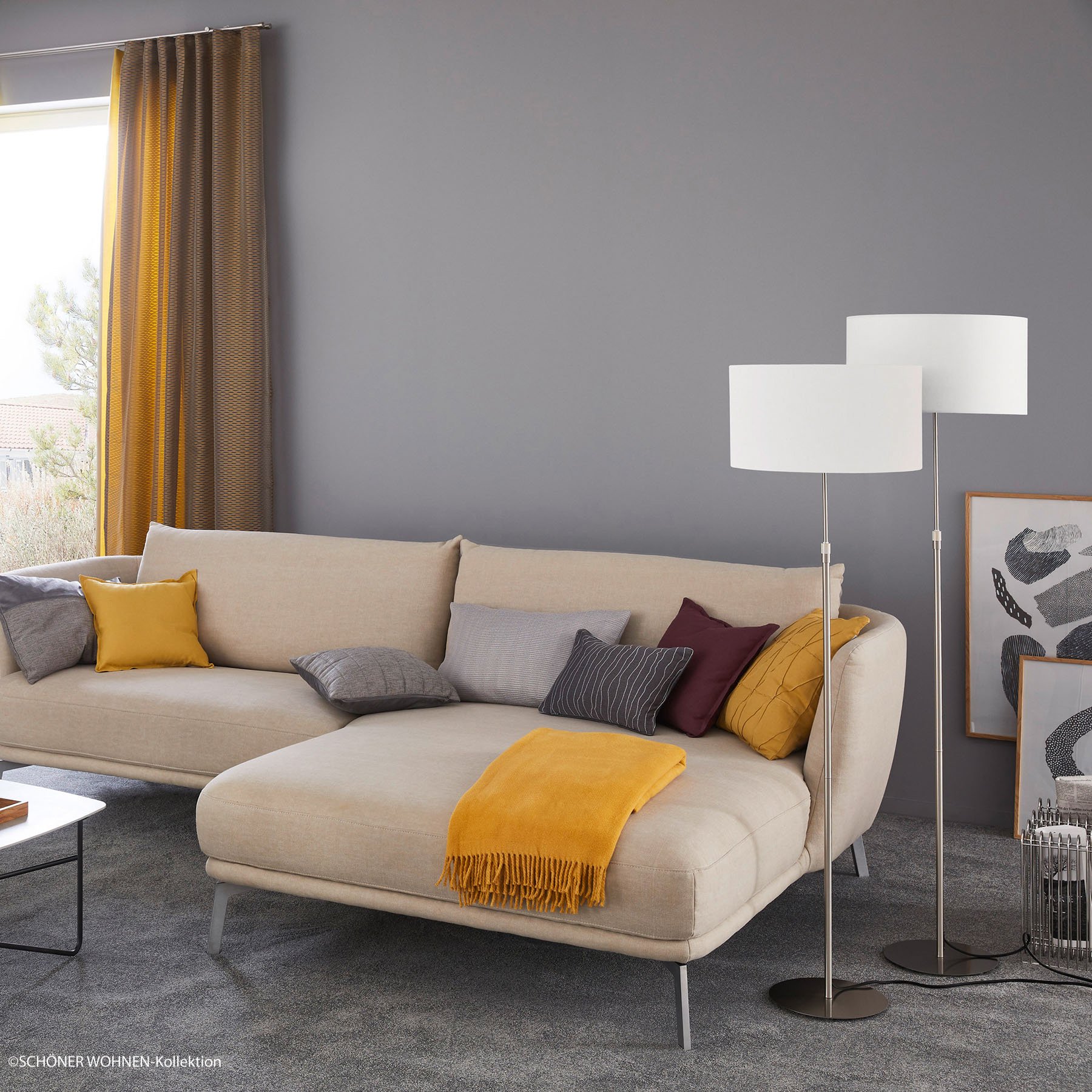 SCHÖNER WOHNEN Schöner Wohnen Pina floor lamp, white, for Living / Dining Room, fabric, metal, E27, 40 W, energy efficiency: A++, H: 150 cm