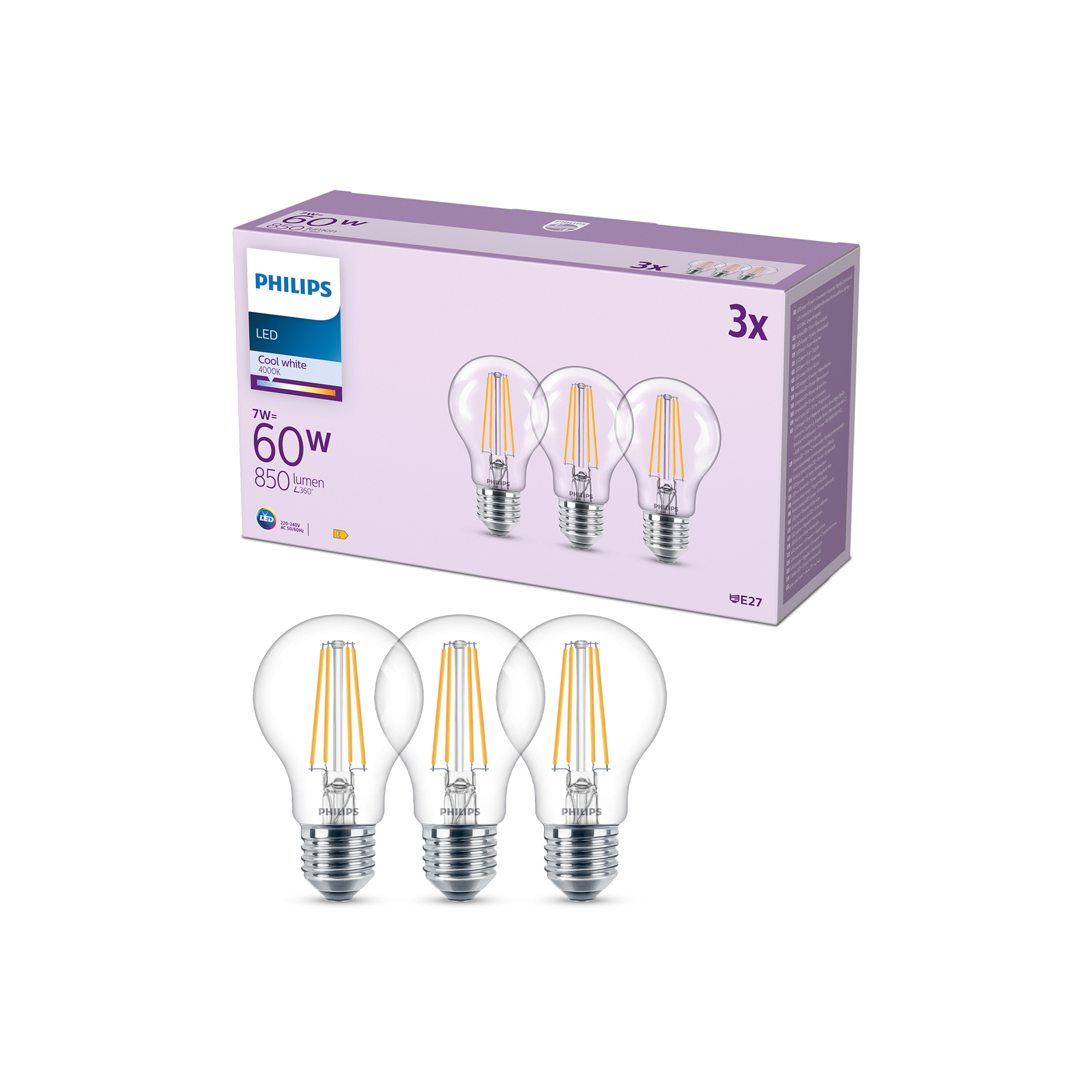 Philips LED-pære E27 7W 850lm 4 000 K klar 3stk