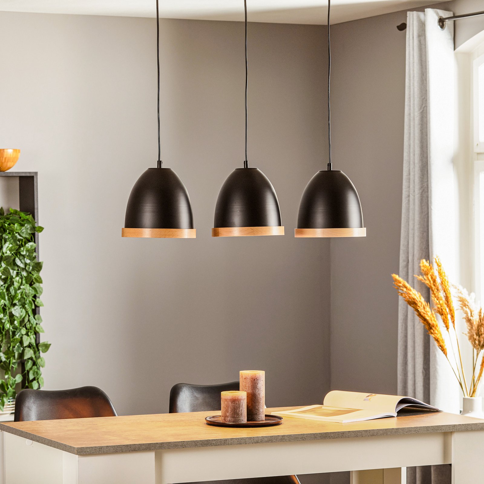 Hanglamp Studio met houtdecor 3-lamp zwart