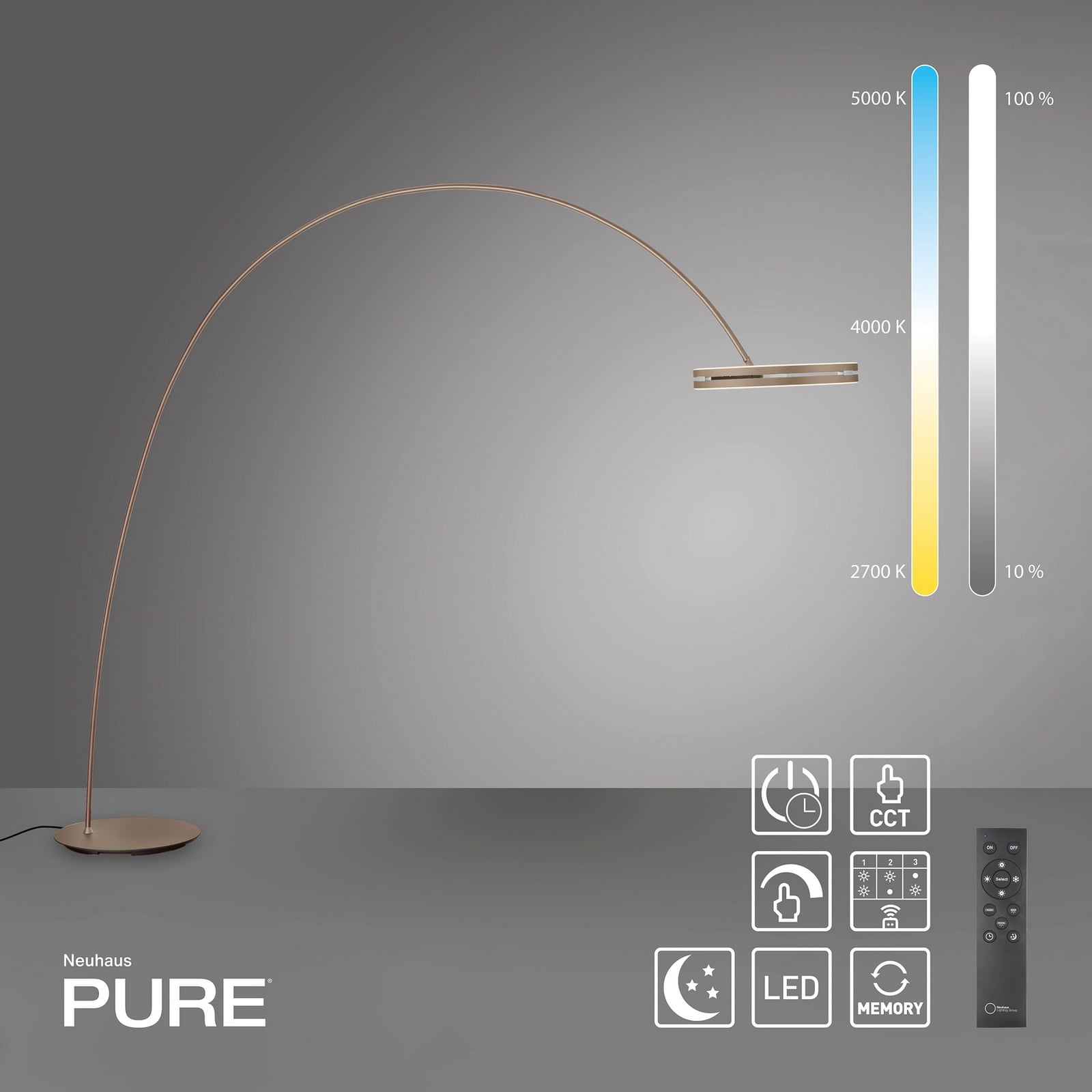 Loop-Bow LED-Stehlampe, bronzefarben, Ausladung 290cm - PURE Loop-Bow LED-Stehlampe, bronzefarben, Ausladung 290cm - PURE