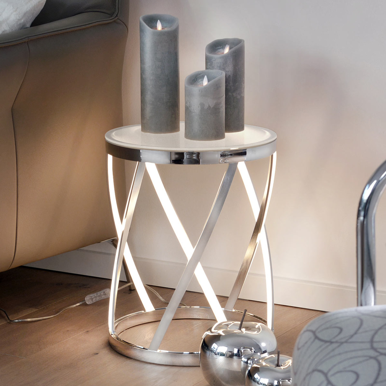 Sompex Rumpu - light source and side table in one, for Living / Dining Room, aluminium, silicone, frosted glass, 12 W, energy efficiency: A+, H: 44 cm