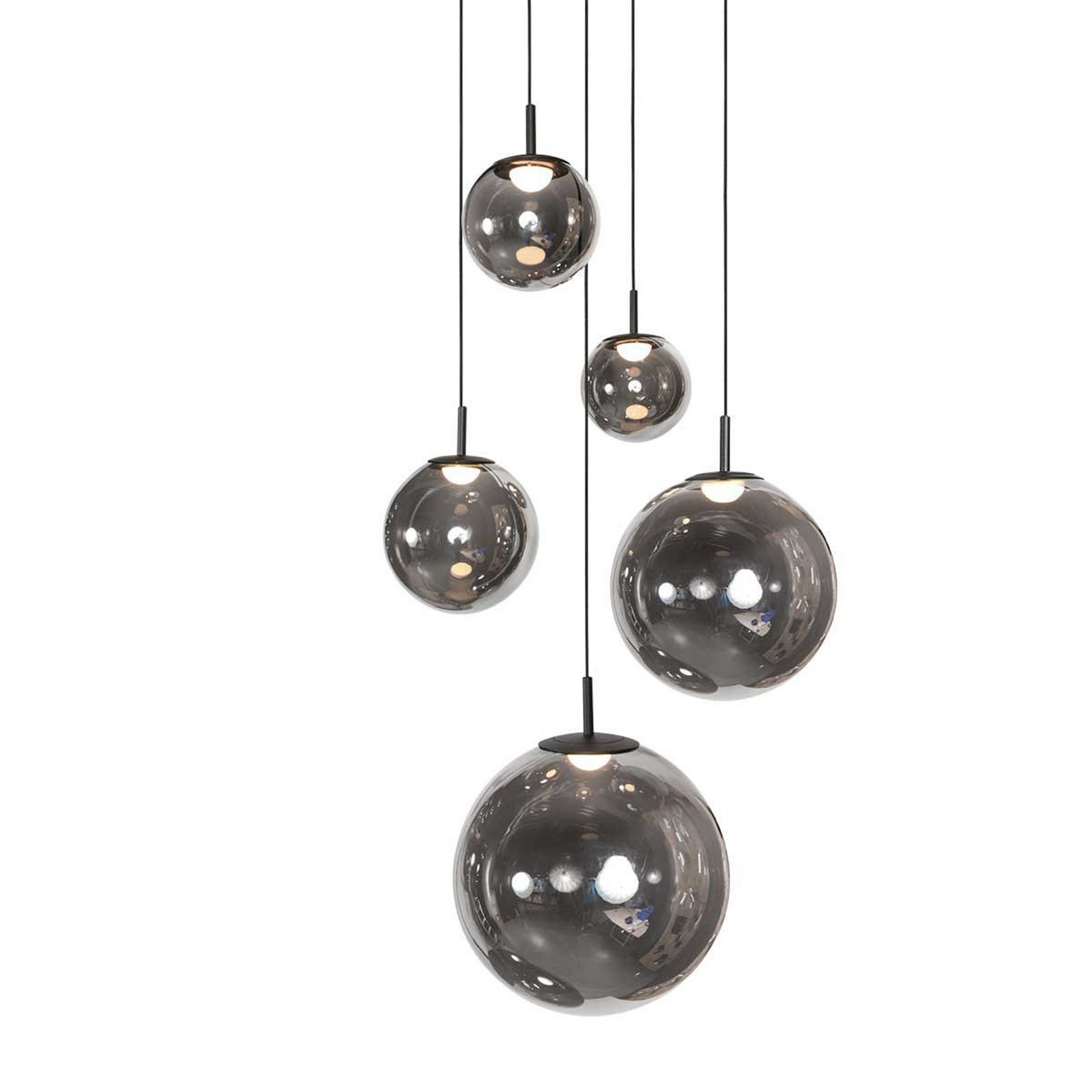 LED pendant light Bollique, 5-bulb. Round, black, glass
