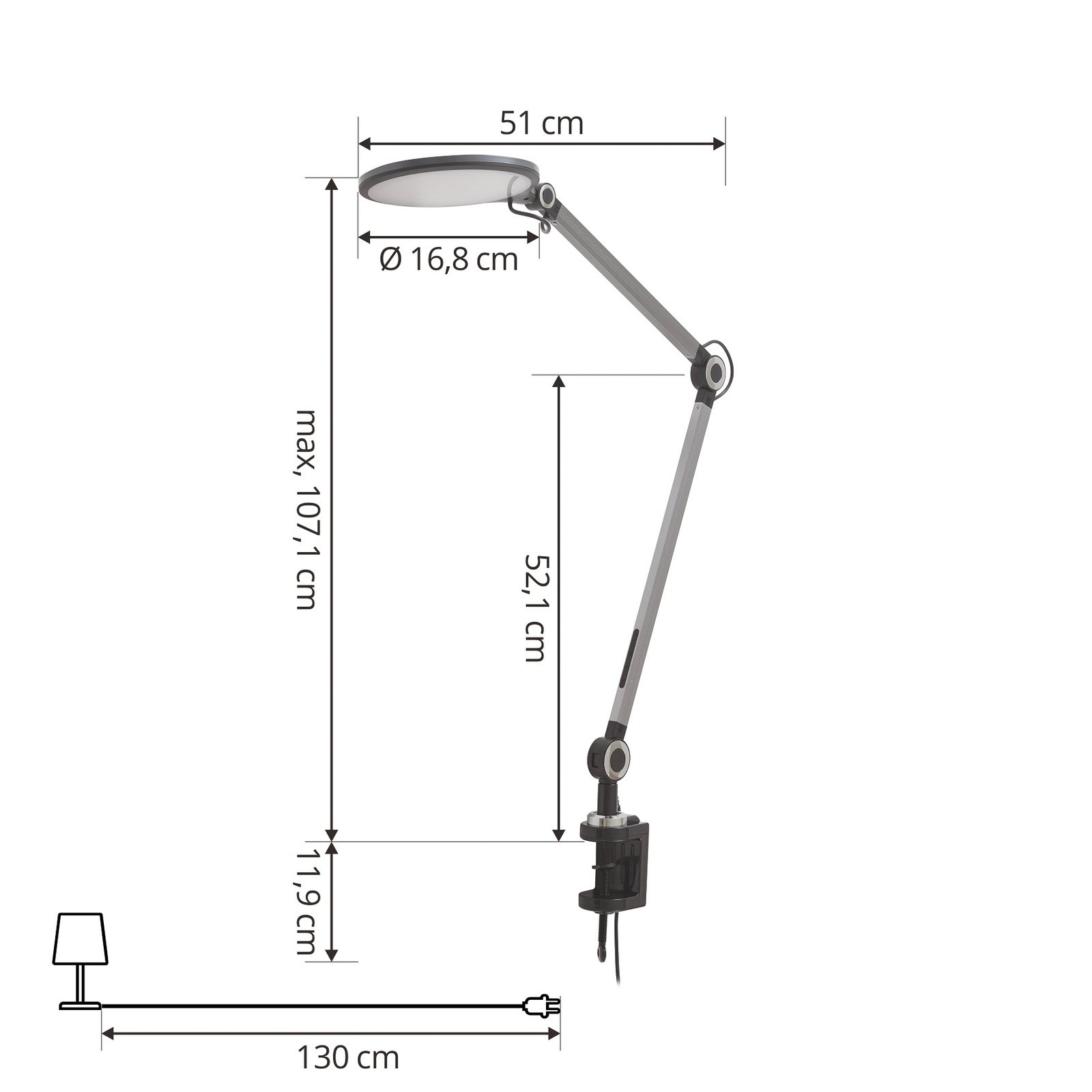 Lampă cu clemă Lindby LED Nyxaris, gri, metal, CCT, 52 cm