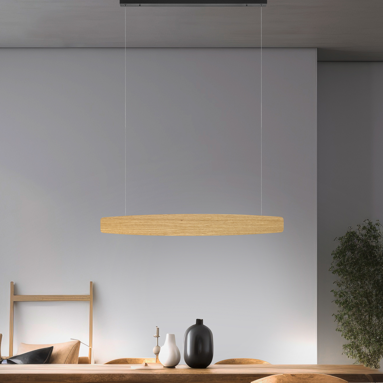 Quitani LED pendant light Persida, 98 cm long, oak, 2,700 K