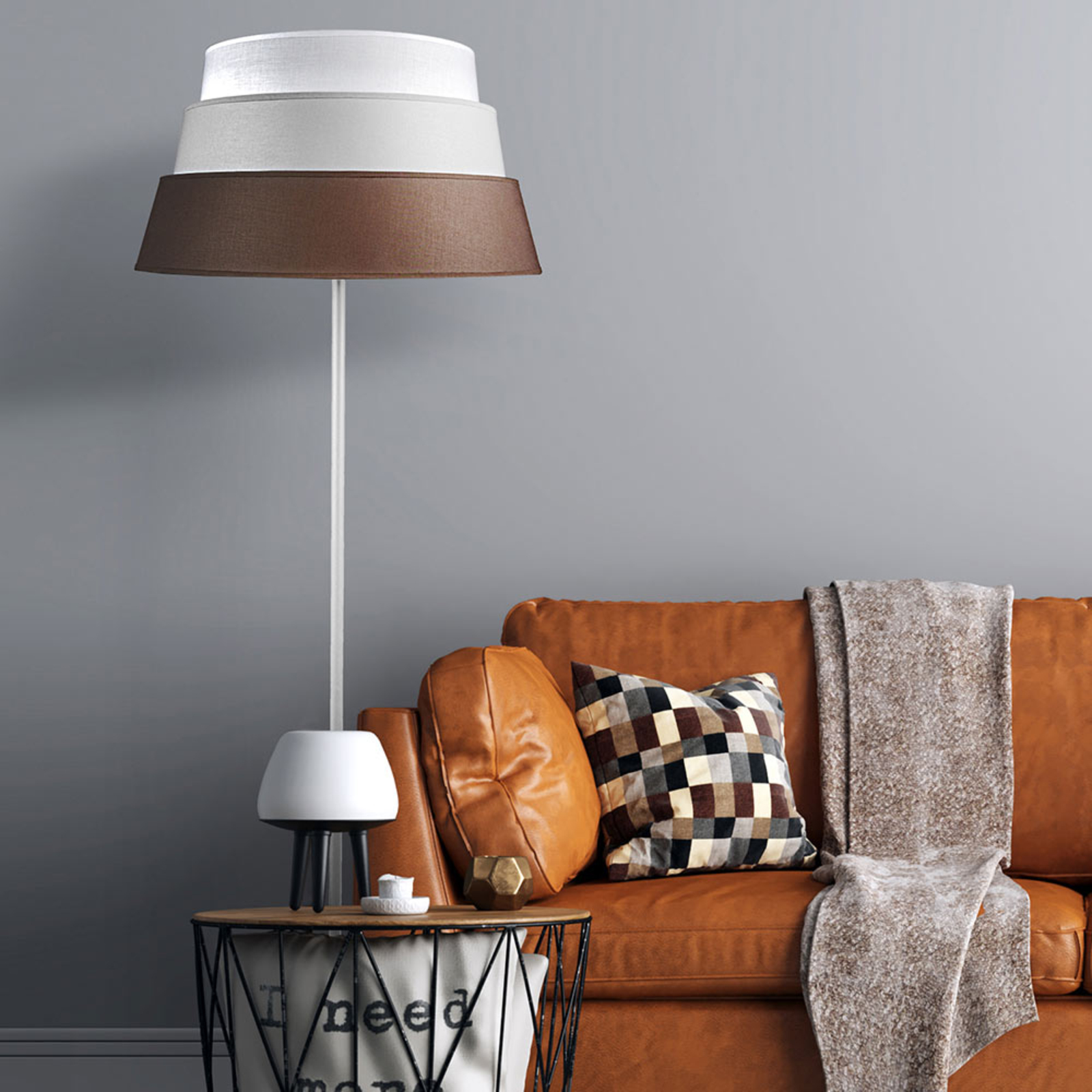 DUOLLA Piramida floor lamp, brown/grey/white, for Living / Dining Room, cotton fabric, E27, 40 W, energy efficiency: A++, H: 152 cm