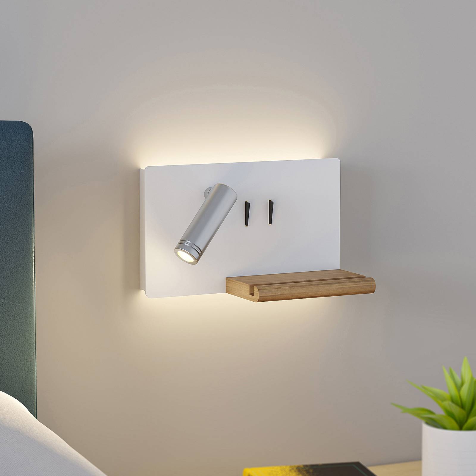 Lucande LED-vegglampe Kimo hvit/nikkel aluminium USB hylle