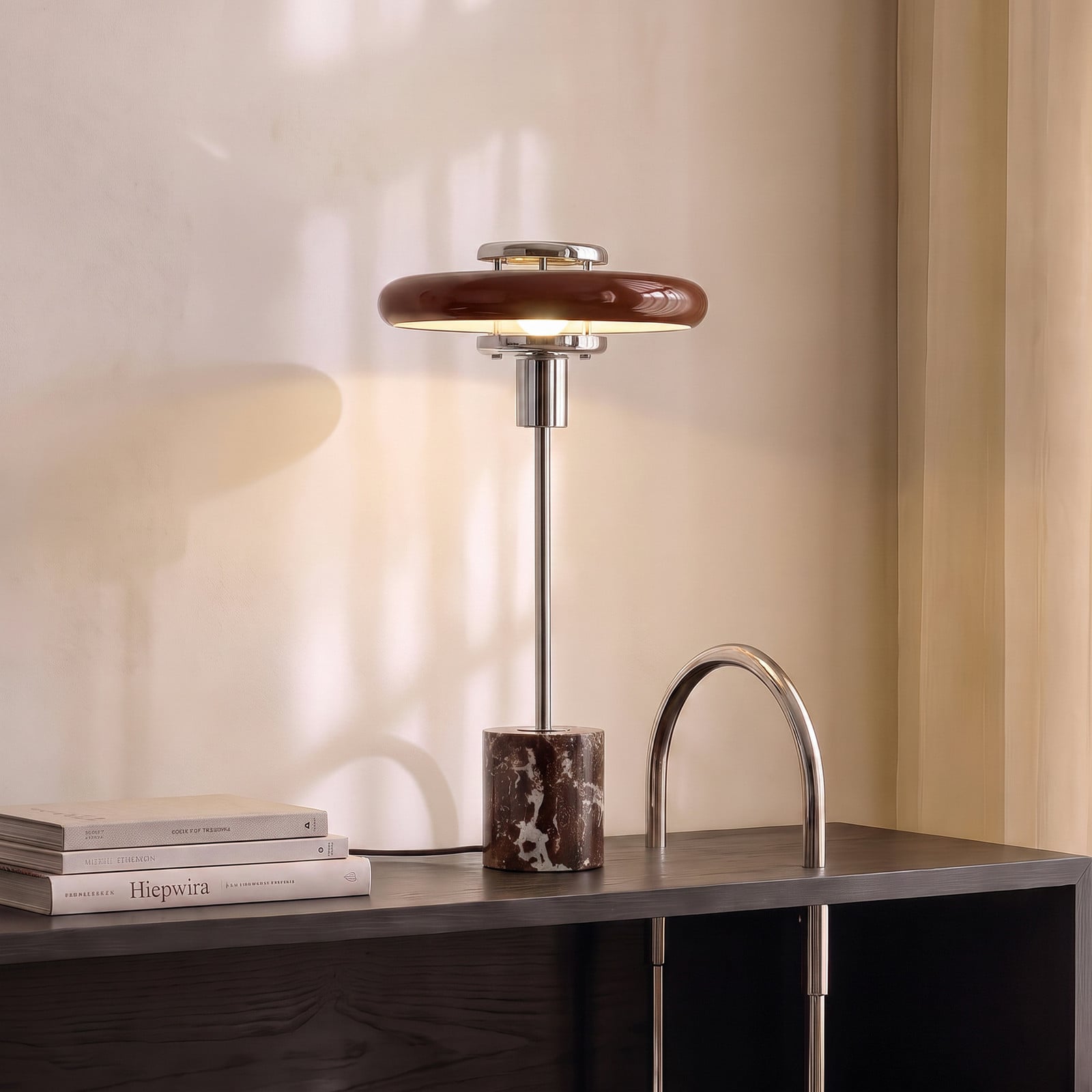 Branford bordslampa, burgundy, glas/marmor, retro – Lindby - Vardagsrum - Vintage / retro - Med en ljuskälla