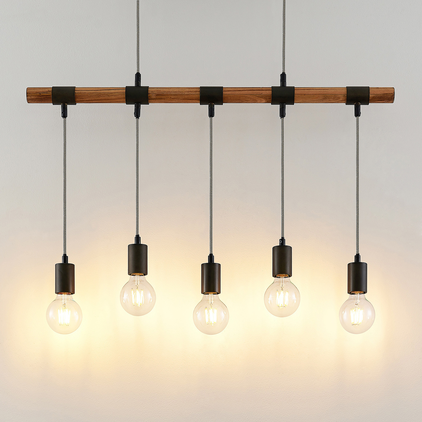 Lindby Sibillia hanglamp met hout, 5-lamps