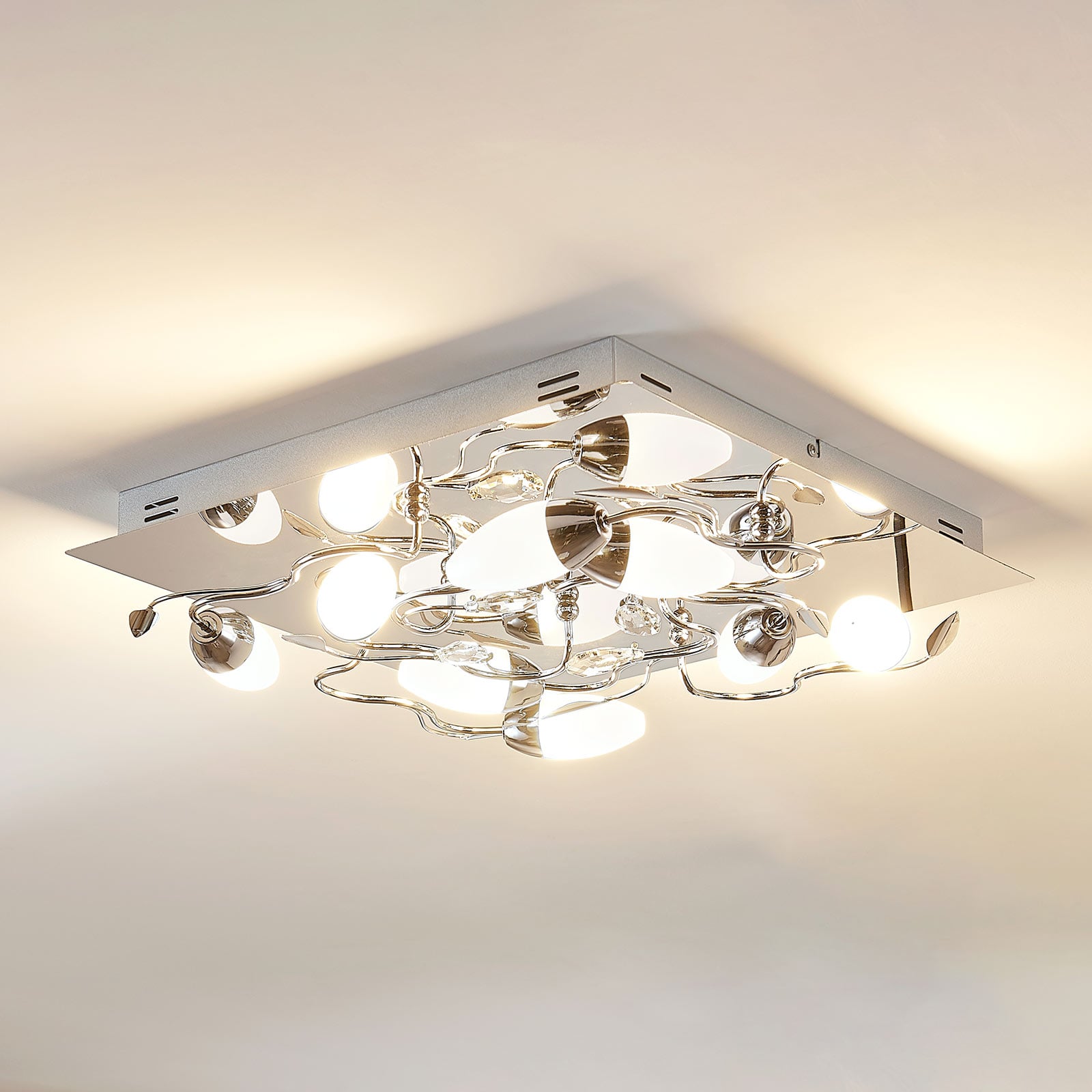 Dimmable LED ceiling light Mischa, 8-bulb square, Lampenwelt.com, for Living / Dining Room, glass, metal, 2.9 W, energy efficiency: A+, L: 45 cm, W: 45 cm, H: 11 cm