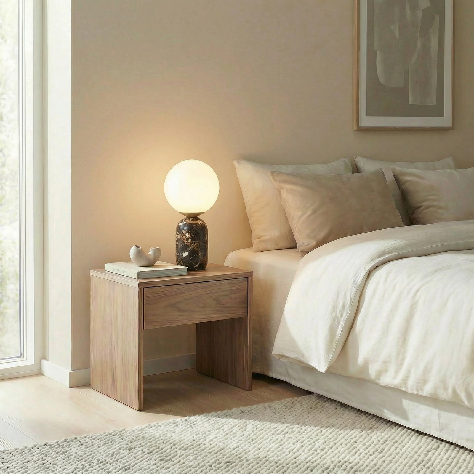 Lennes bordlampe, Ø 20 cm, glass, brun, marmor - Lindby