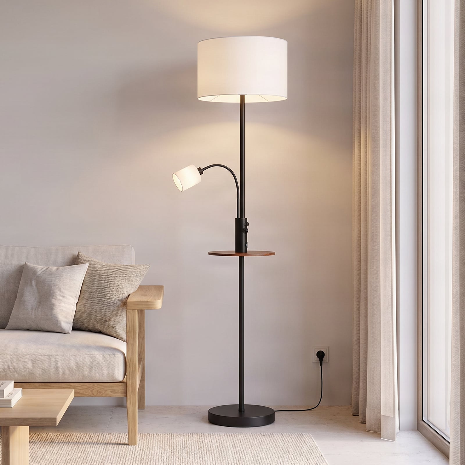 Lindby Stehlampe Aovan, μαύρο, ράφι, θύρα USB