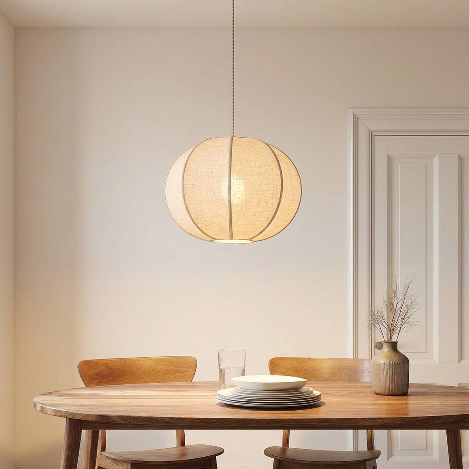 Lindby Hängeleuchte Elfie, Ø 47 cm, beige, Leinen, E27 günstig online kaufen