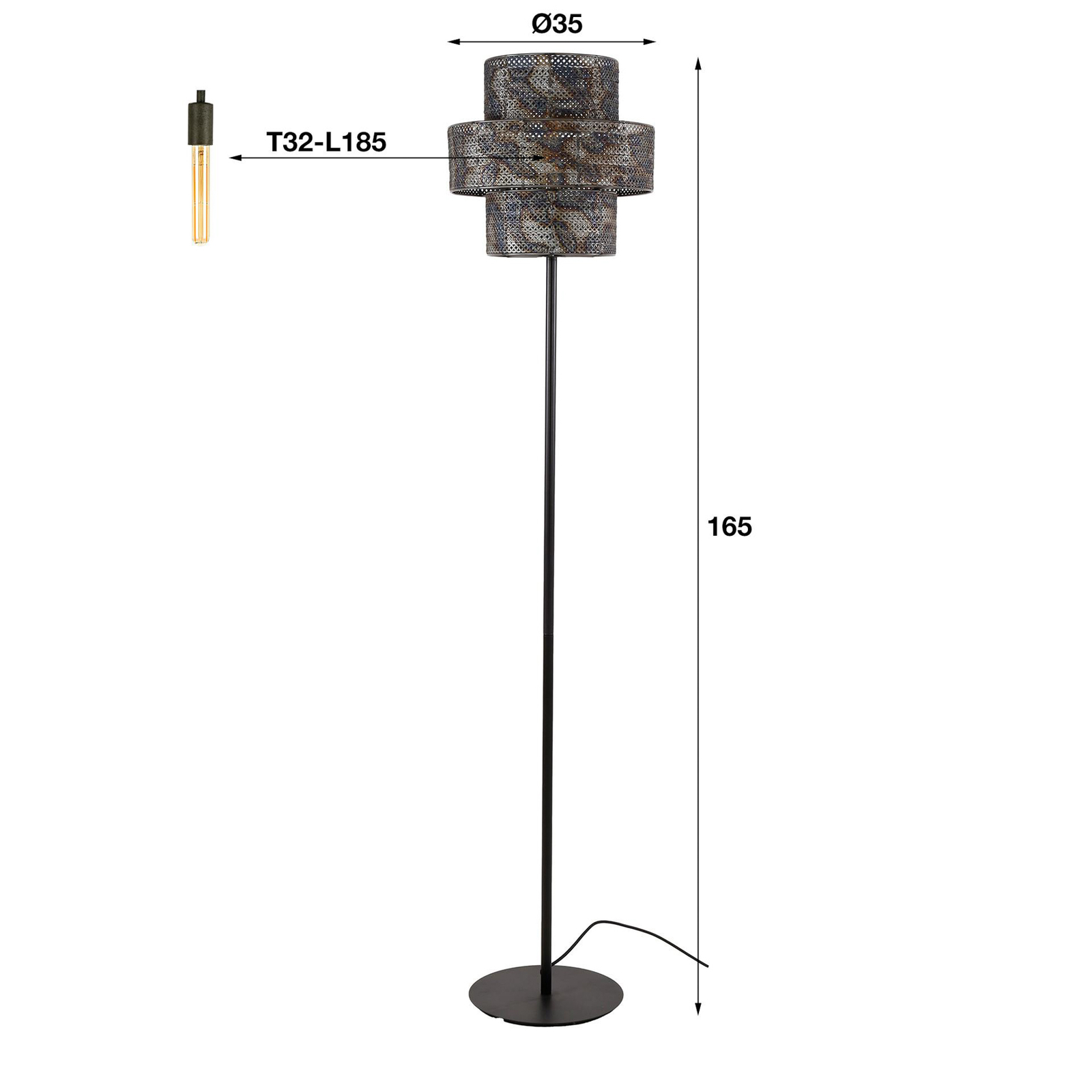 Candeeiro de pé tipo lanterna, preto/queimado, altura 165 cm, metal