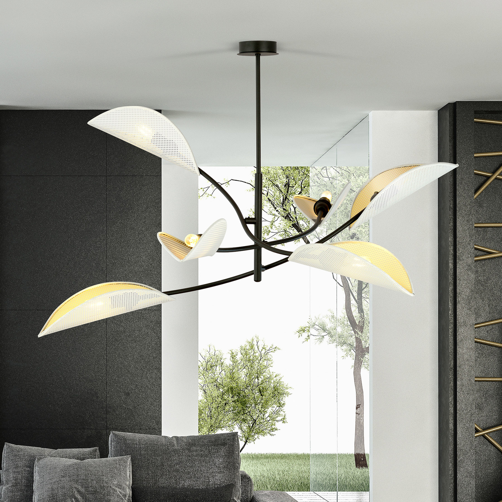 Deckenlampe Lotus, schwarz/weiß/gold, 6-flammig 
