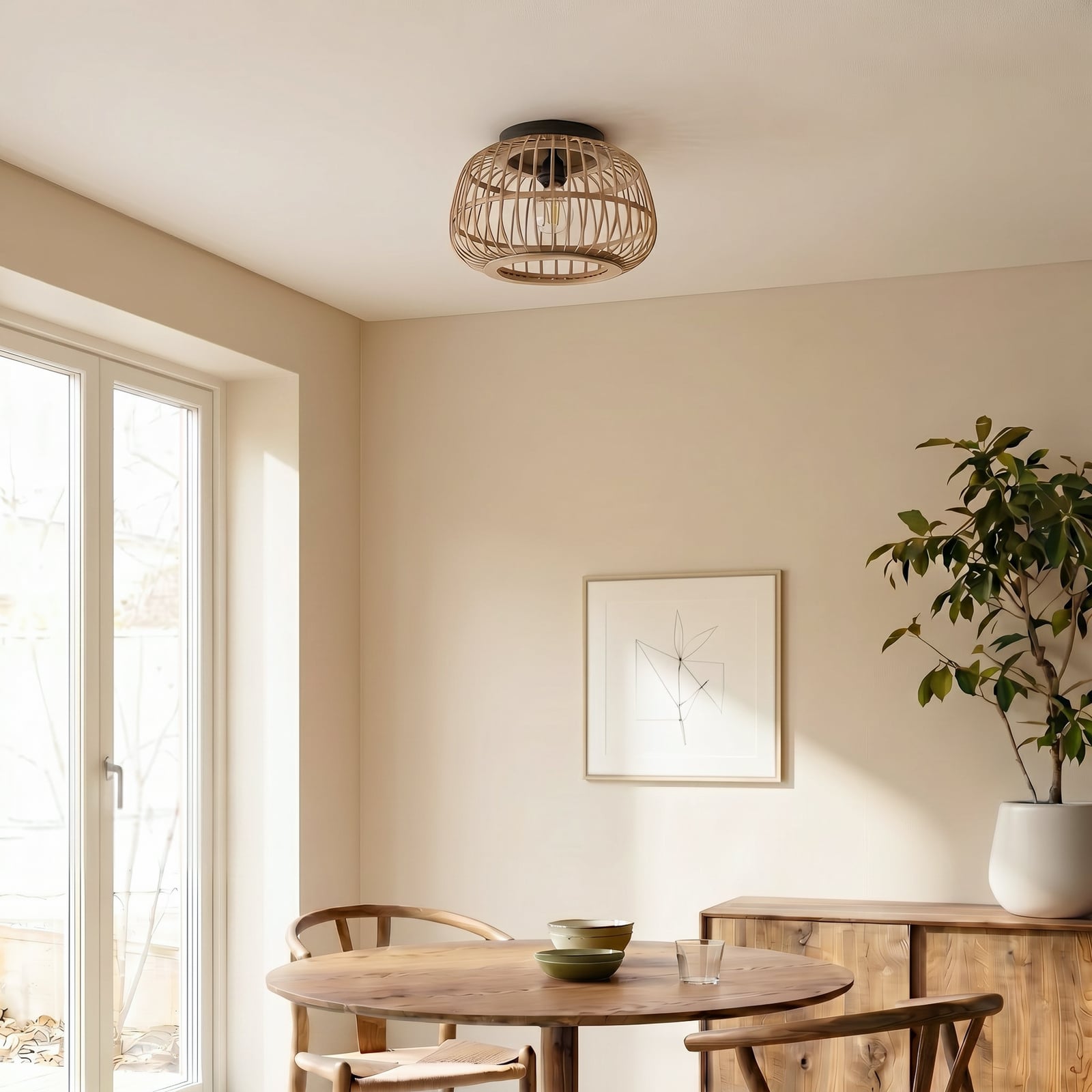 Lindby loftlampe Bominio, Ø 40 cm, rattan, træ, E27