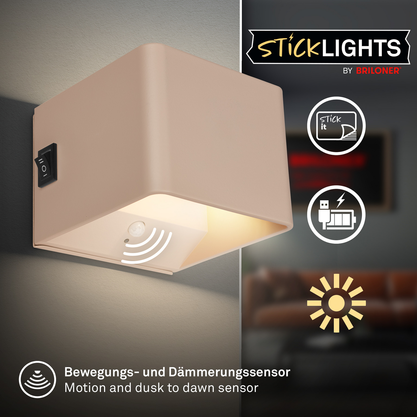LED-akutoitega seinavalgusti Barro, beež, laius 8 cm, metall, andur