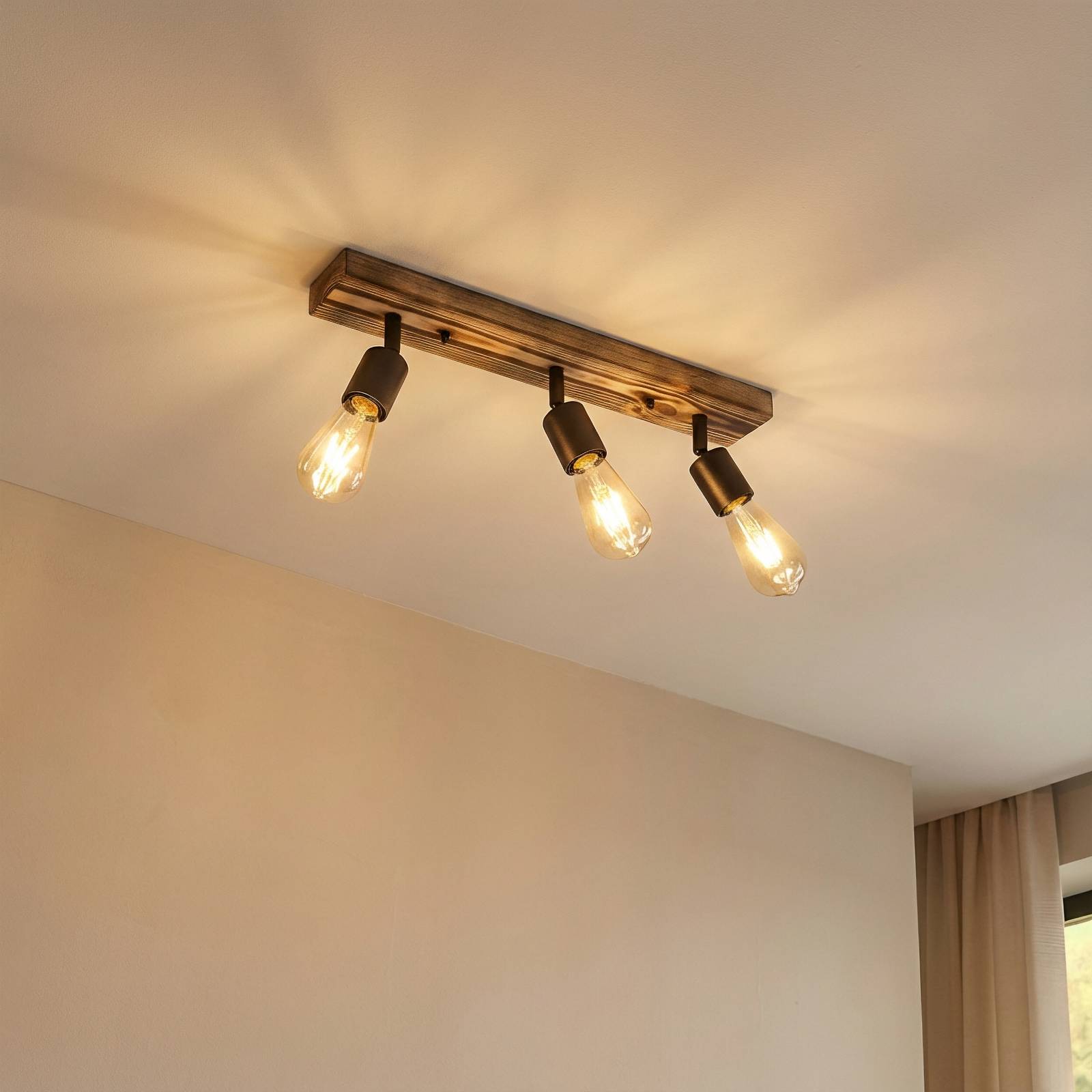 Deckenstrahler Duarte, 3-flammig, holzfarben/schwarz, Holz günstig online kaufen