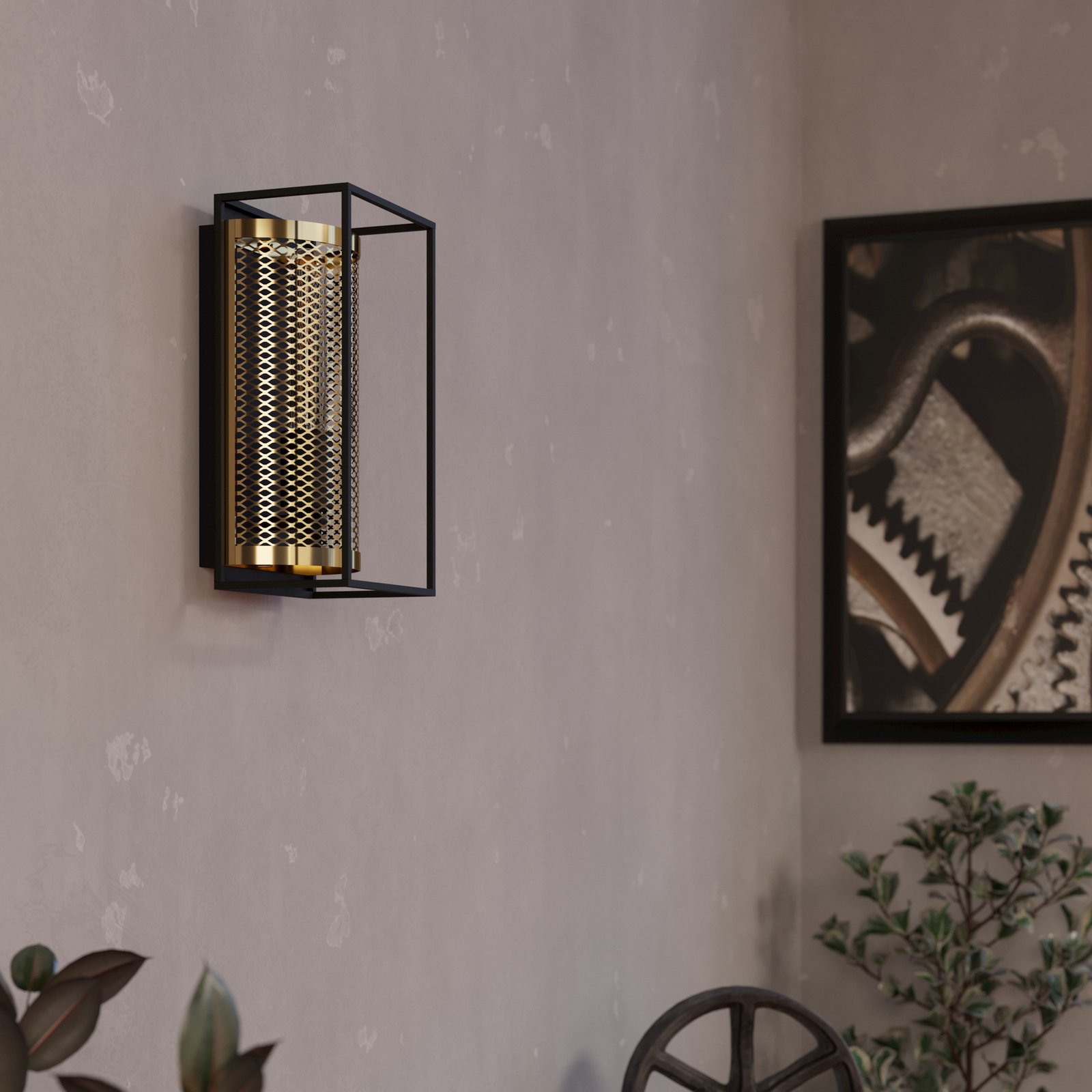 Candeeiro de parede Nohales, altura 32 cm, preto/latão