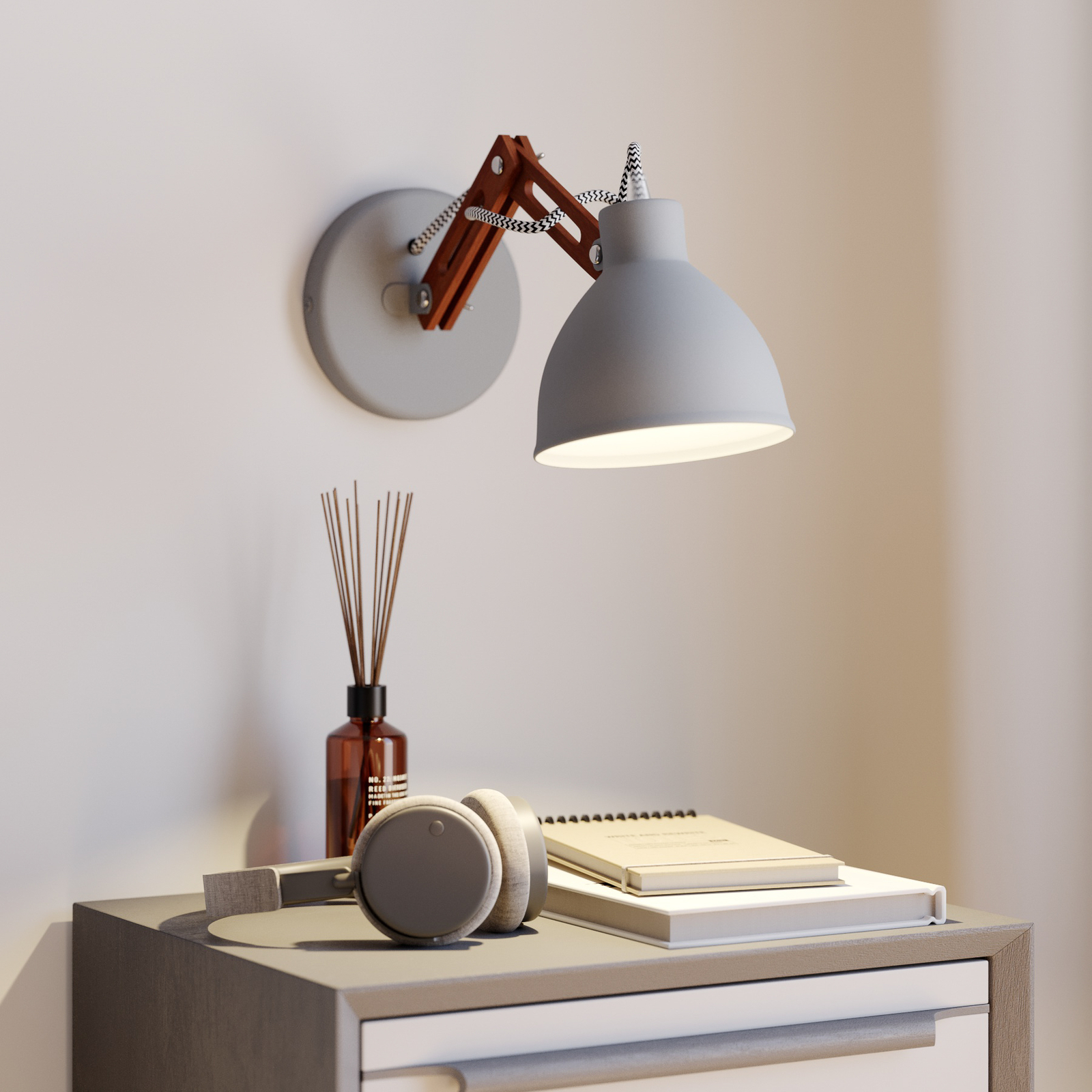Skansen wall lamp, adjustable wooden arm, grey