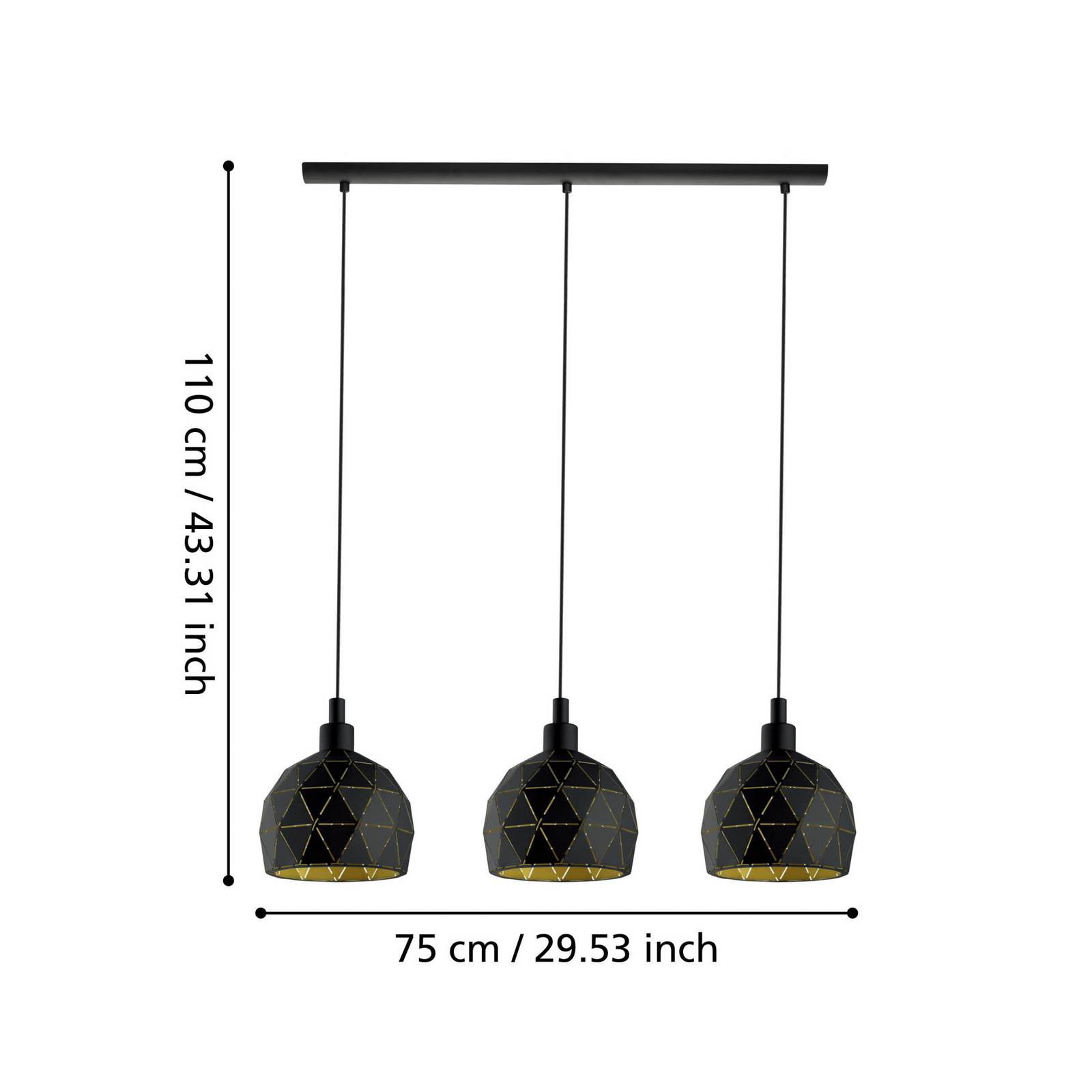 Lampa wisząca Roccaforte, czarny/złoty, metal, 75 cm długości, E14