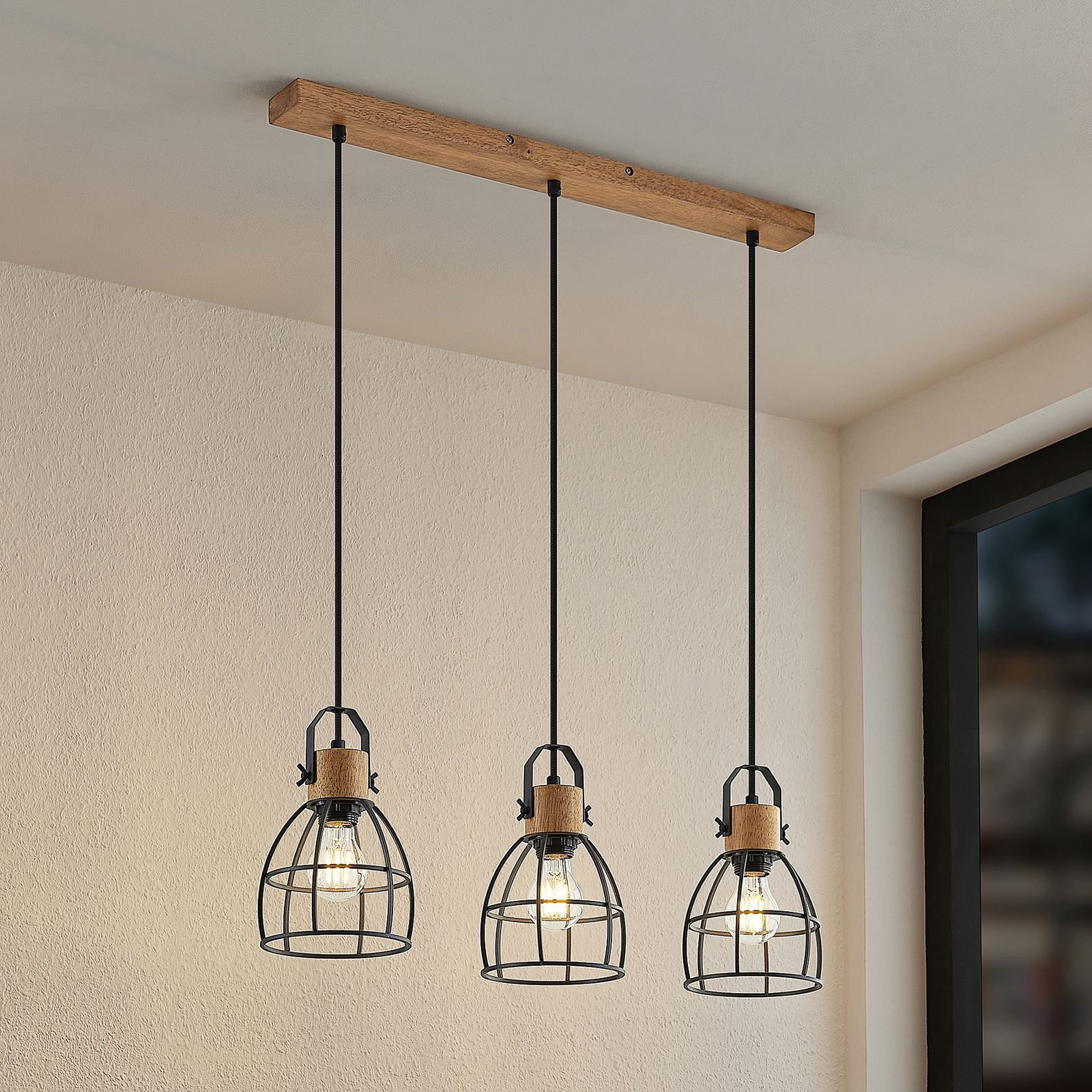 Lindby Flintos suspension, à 3 lampes, bois clair