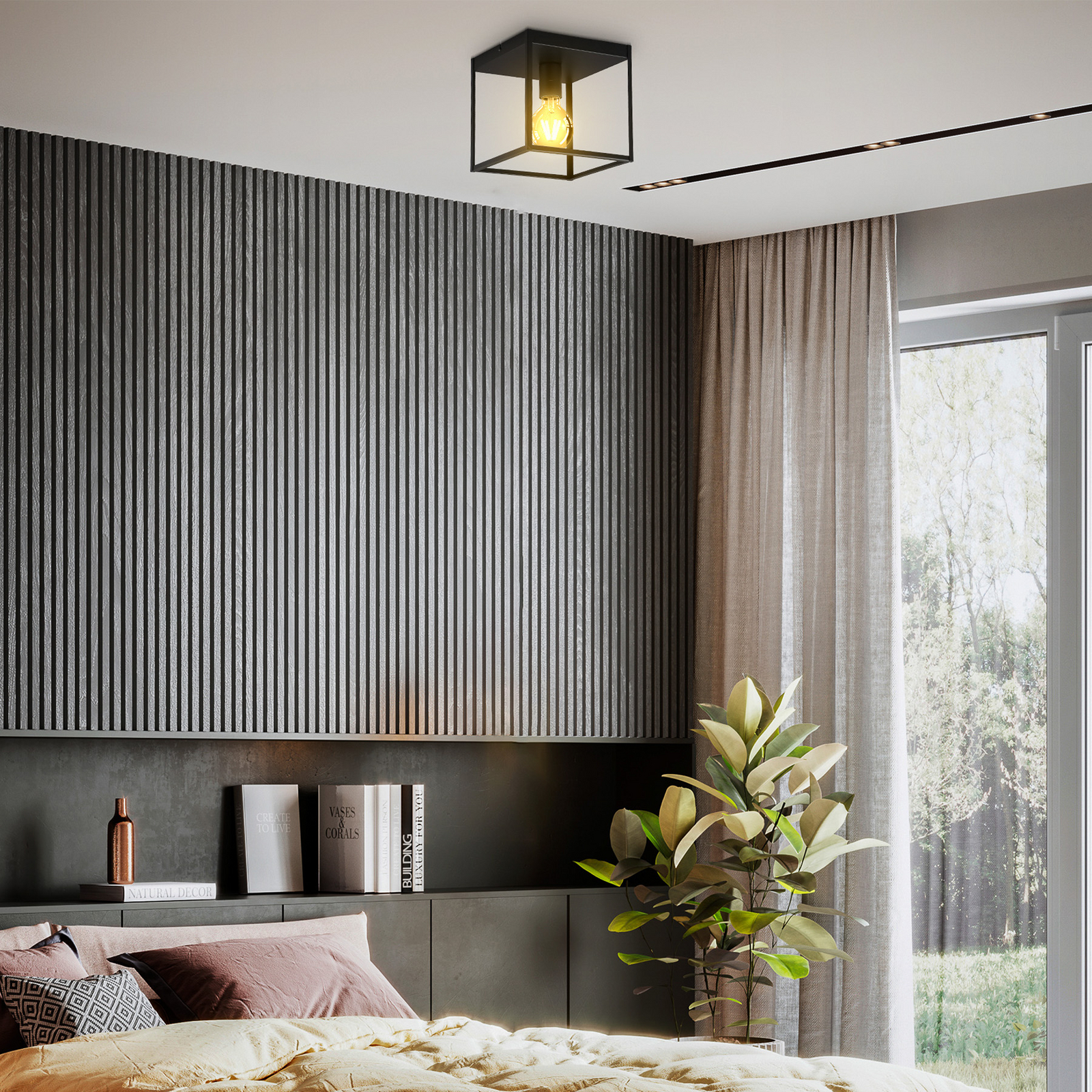 Plafondlamp Indu, zwart, hoekig, 1-lamp, E27 Plafondlamp Indu, zwart, hoekig, 1-lamp, E27