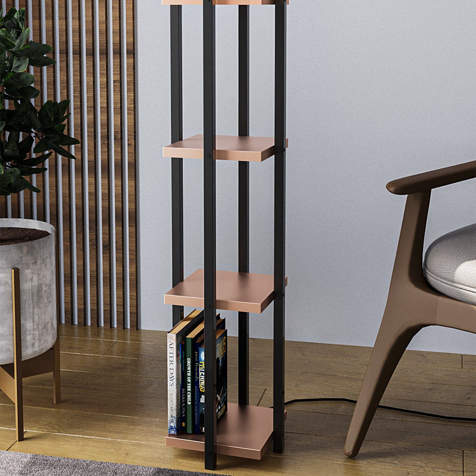 Shelf floor lamp, black/copper, fabric, height 130 cm, E27